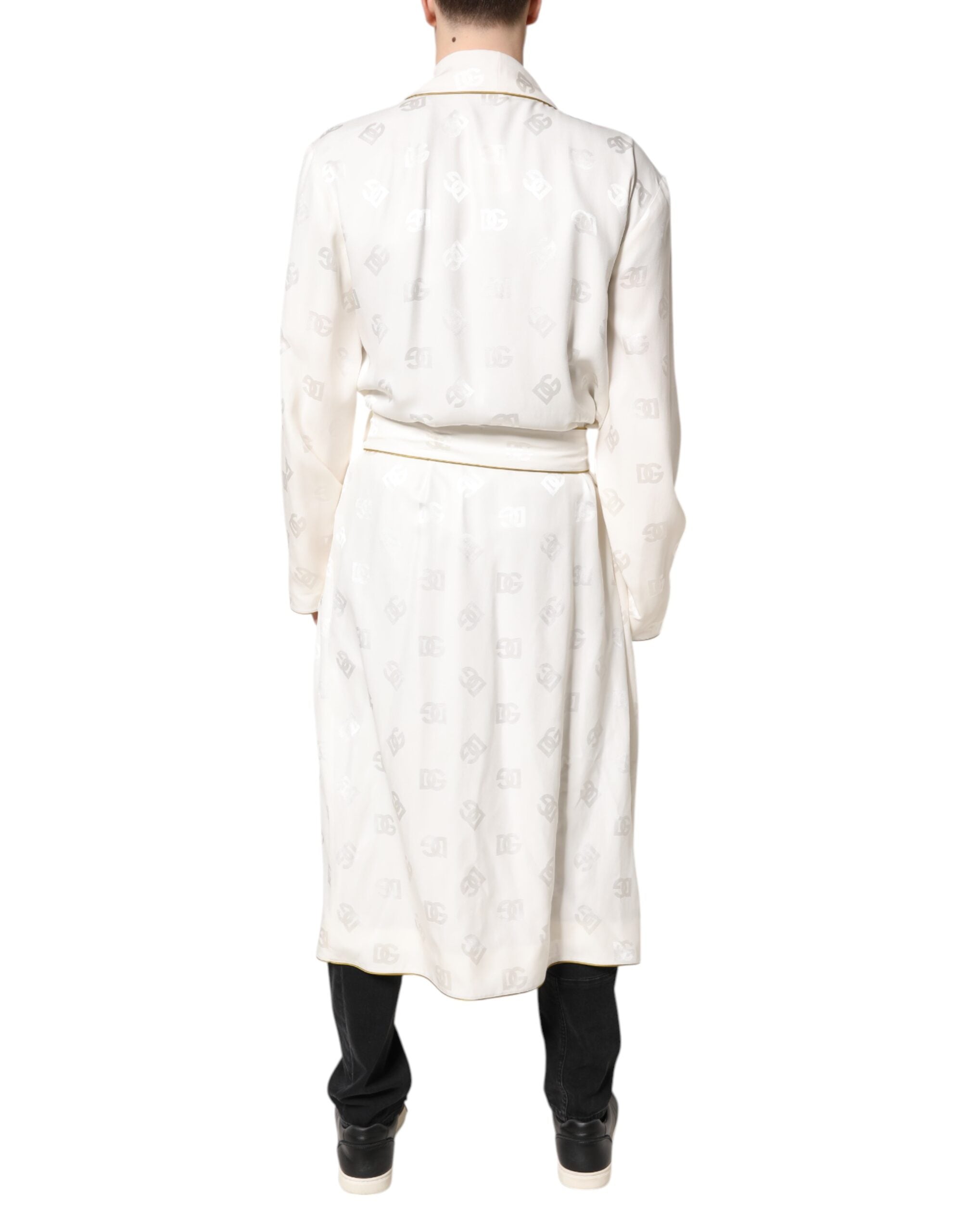 Dolce & Gabbana Ivory Silk Logo Men Wrap Robe Coat Men's Jacket