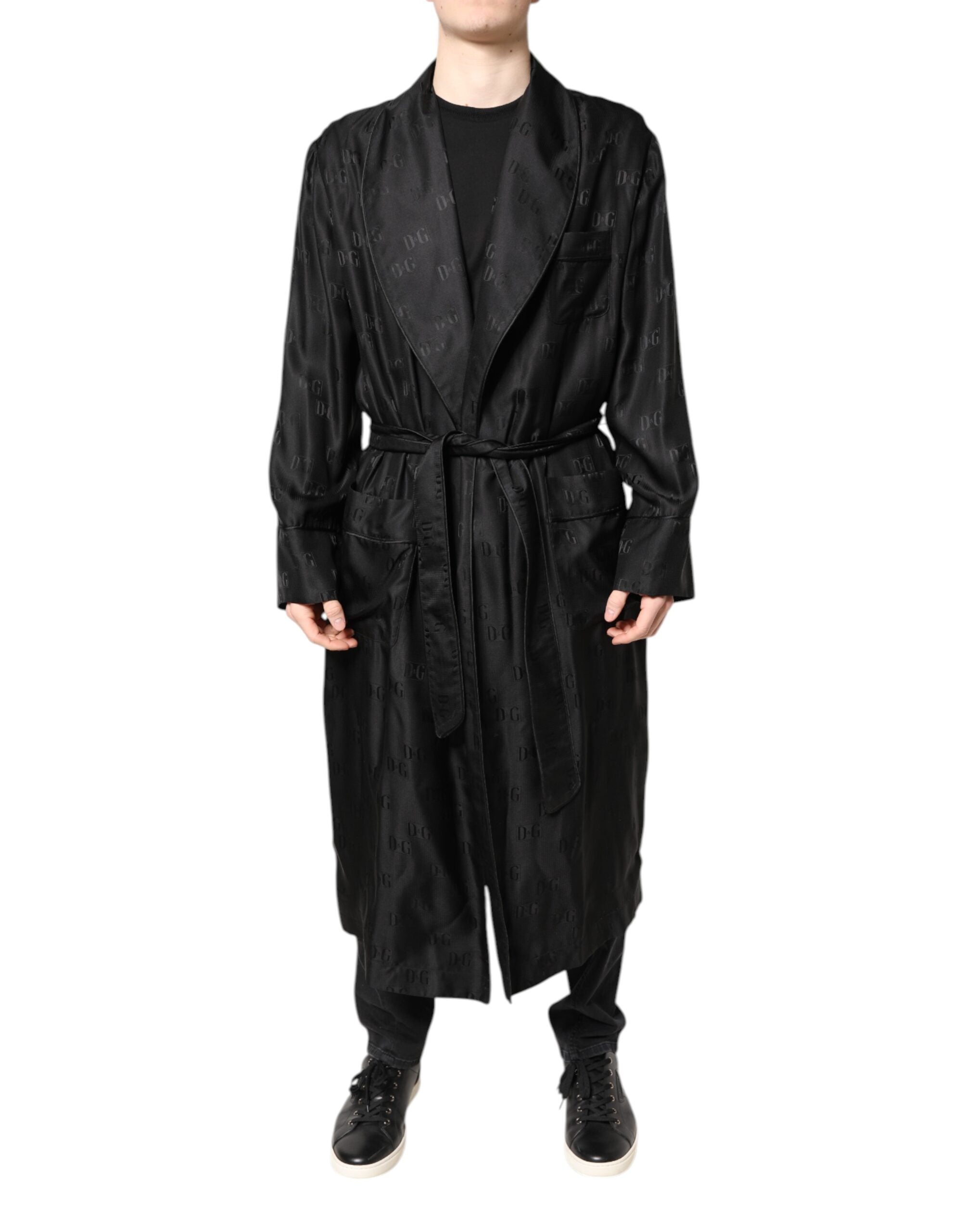 Dolce & Gabbana Black Silk DG Logo Men Wrap Robe Coat Men's Jacket