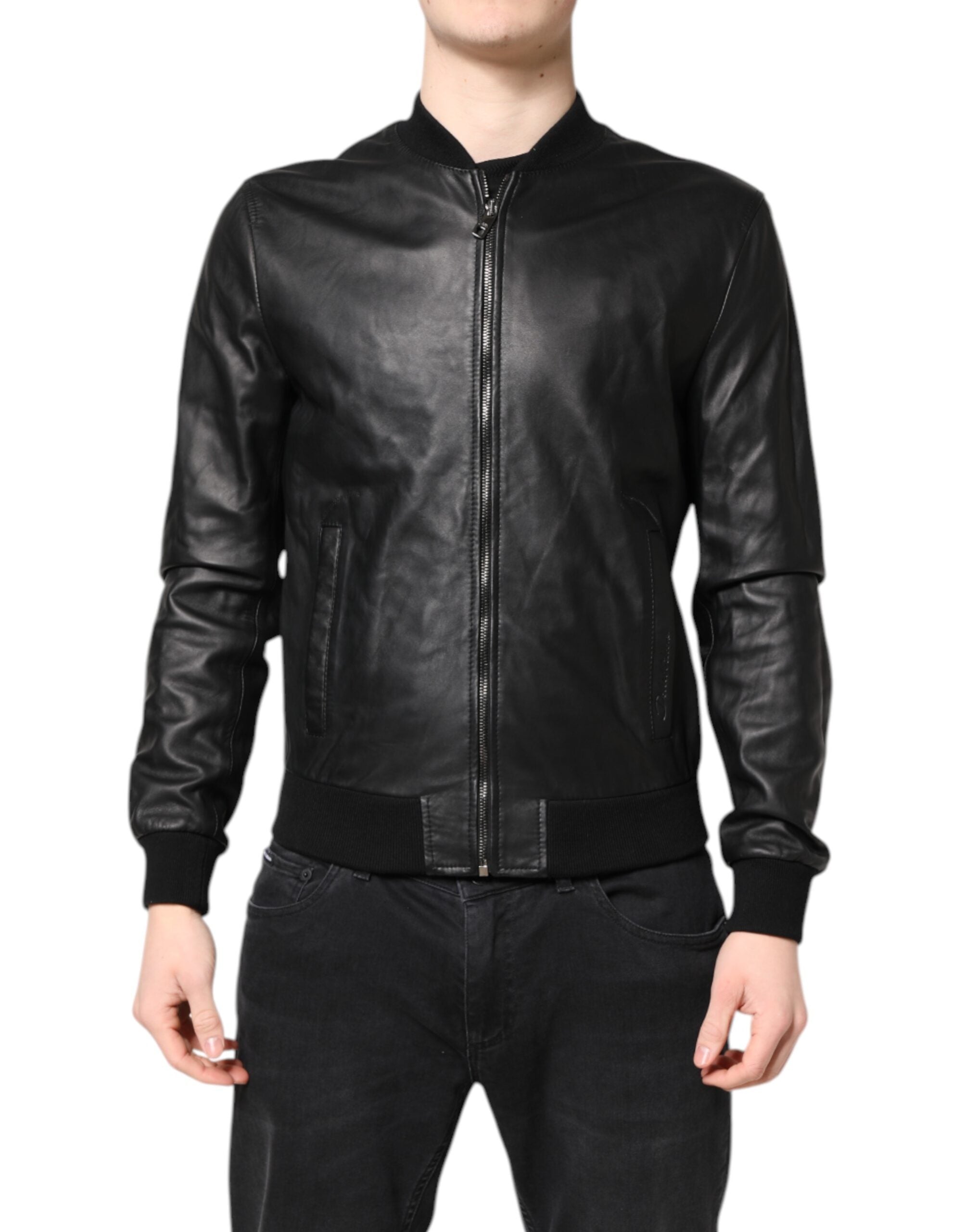 Dolce & Gabbana Black Lambskin Leather Full Zip Biker Men's Jacket (Pre-Owned)