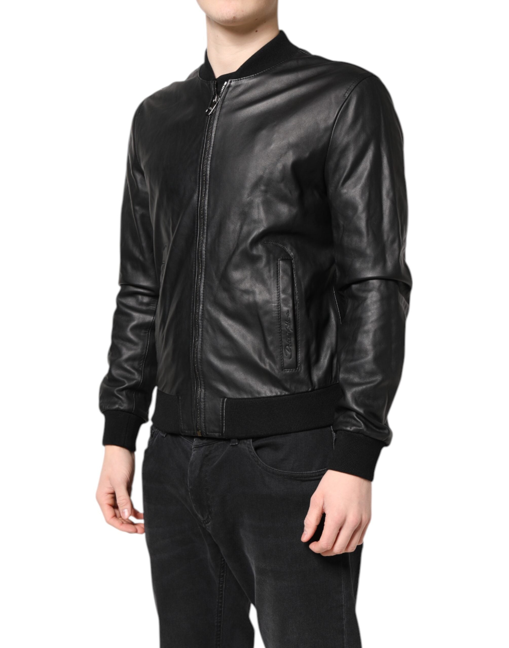 Dolce & Gabbana Black Lambskin Leather Full Zip Biker Men's Jacket (Pre-Owned)