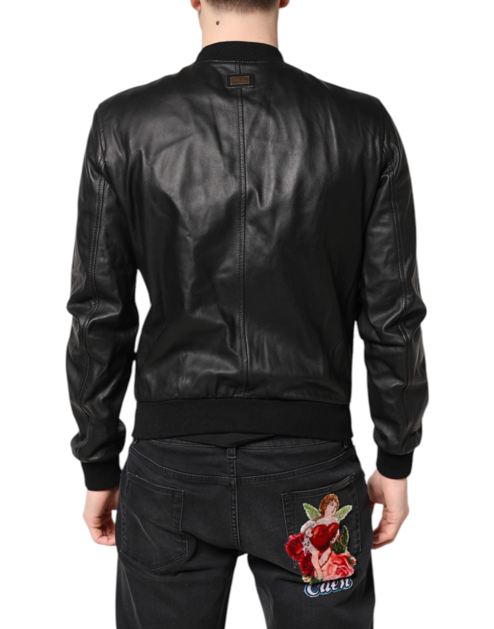Dolce & Gabbana Black Lambskin Leather Full Zip Biker Men's Jacket (Pre-Owned)