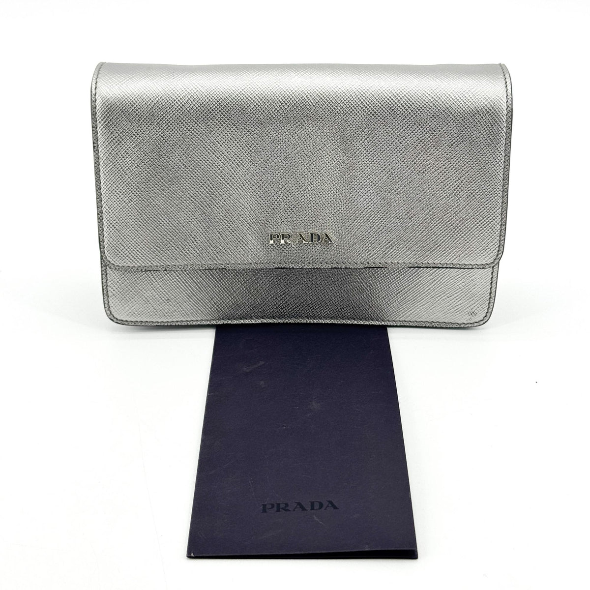 Prada Wallet On Strap Saffiano Leather Silver Leather Crossbody Bag Bag (Pre-Owned)