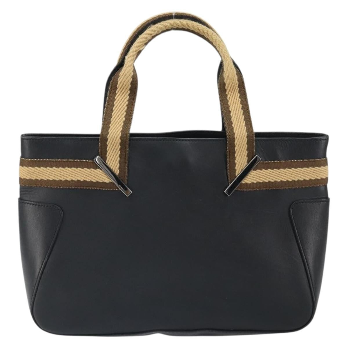 Gucci Vintage Web Tote Leather Black Leather Tote Bag Bag (Pre-Owned)