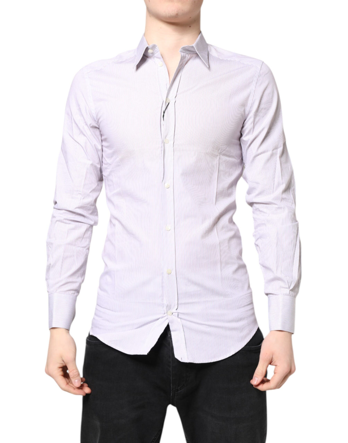 Dolce & Gabbana White Striped Cotton GOLD Long Sleeves Men's Shirt (Pre-Owned)