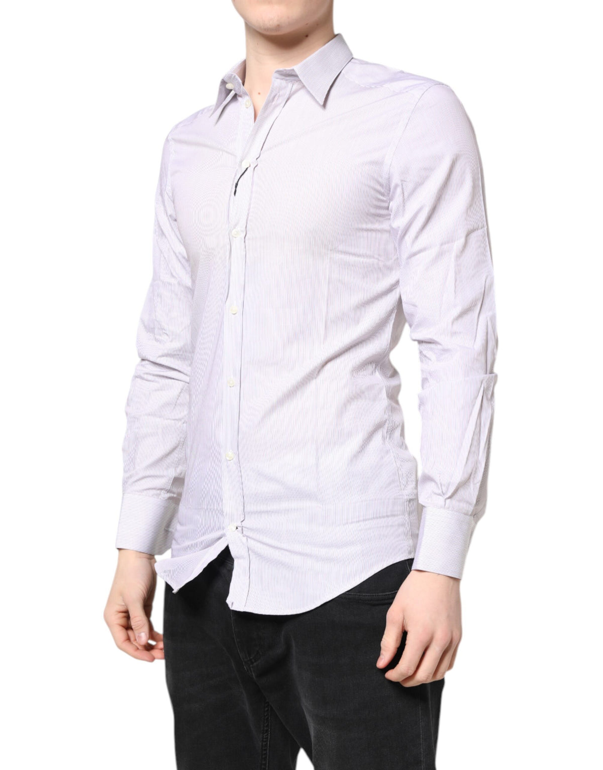Dolce & Gabbana White Striped Cotton GOLD Long Sleeves Men's Shirt (Pre-Owned)