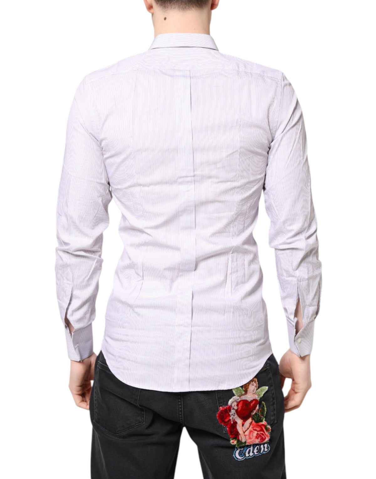 Dolce & Gabbana White Striped Cotton GOLD Long Sleeves Men's Shirt (Pre-Owned)