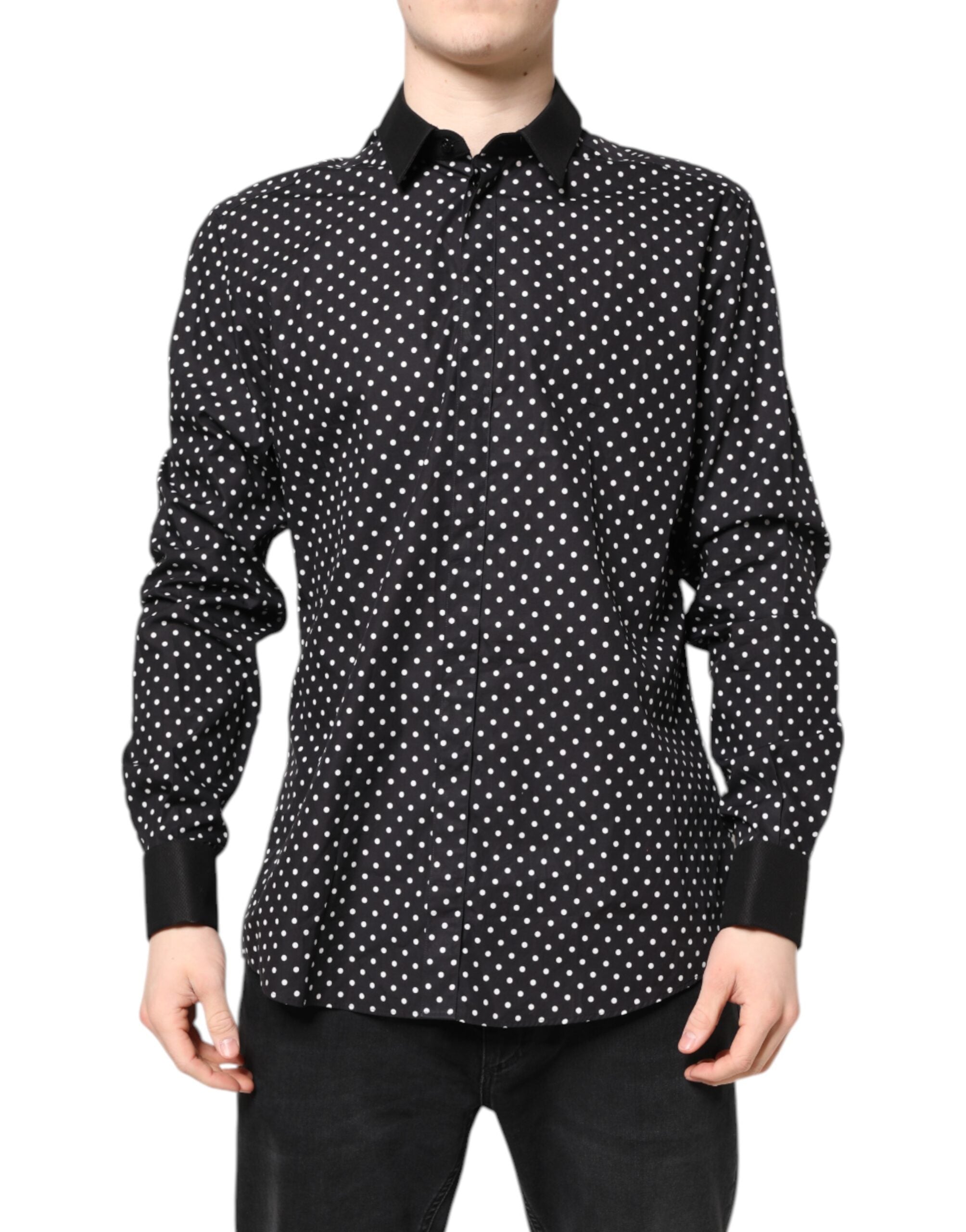 Dolce & Gabbana Black Polka Dot Cotton Formal Dress Men's Shirt
