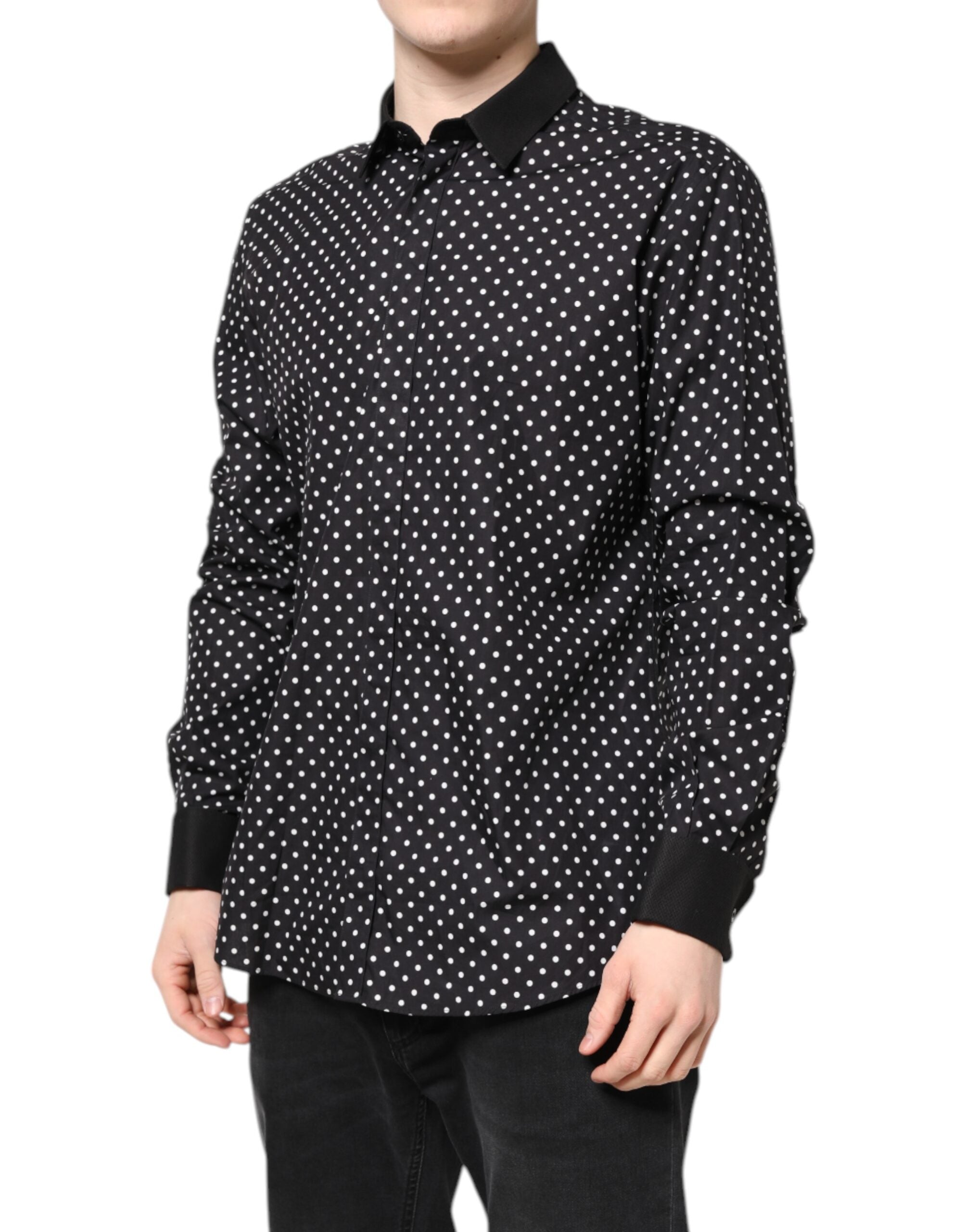 Dolce & Gabbana Black Polka Dot Cotton Formal Dress Men's Shirt