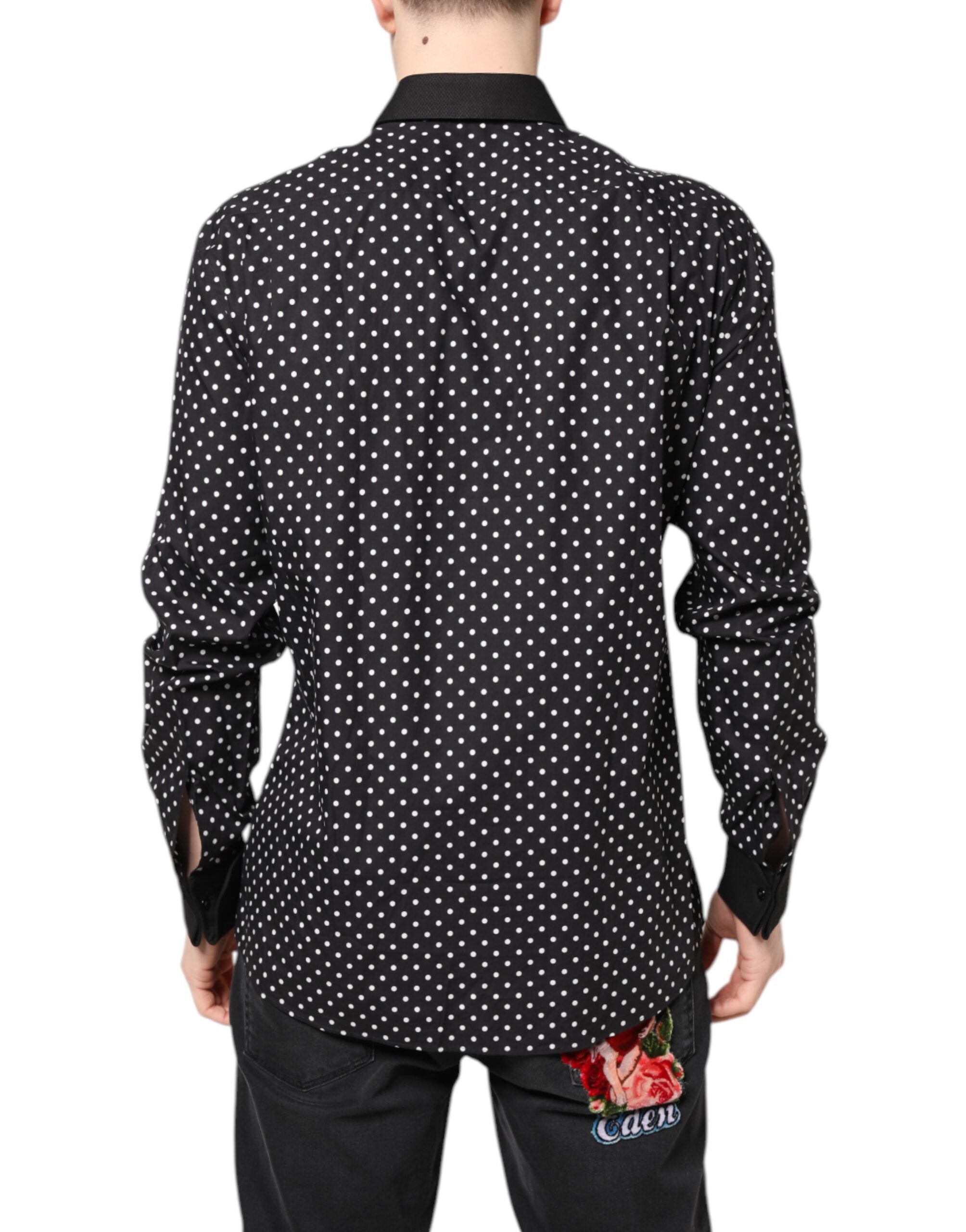 Dolce & Gabbana Black Polka Dot Cotton Formal Dress Men's Shirt