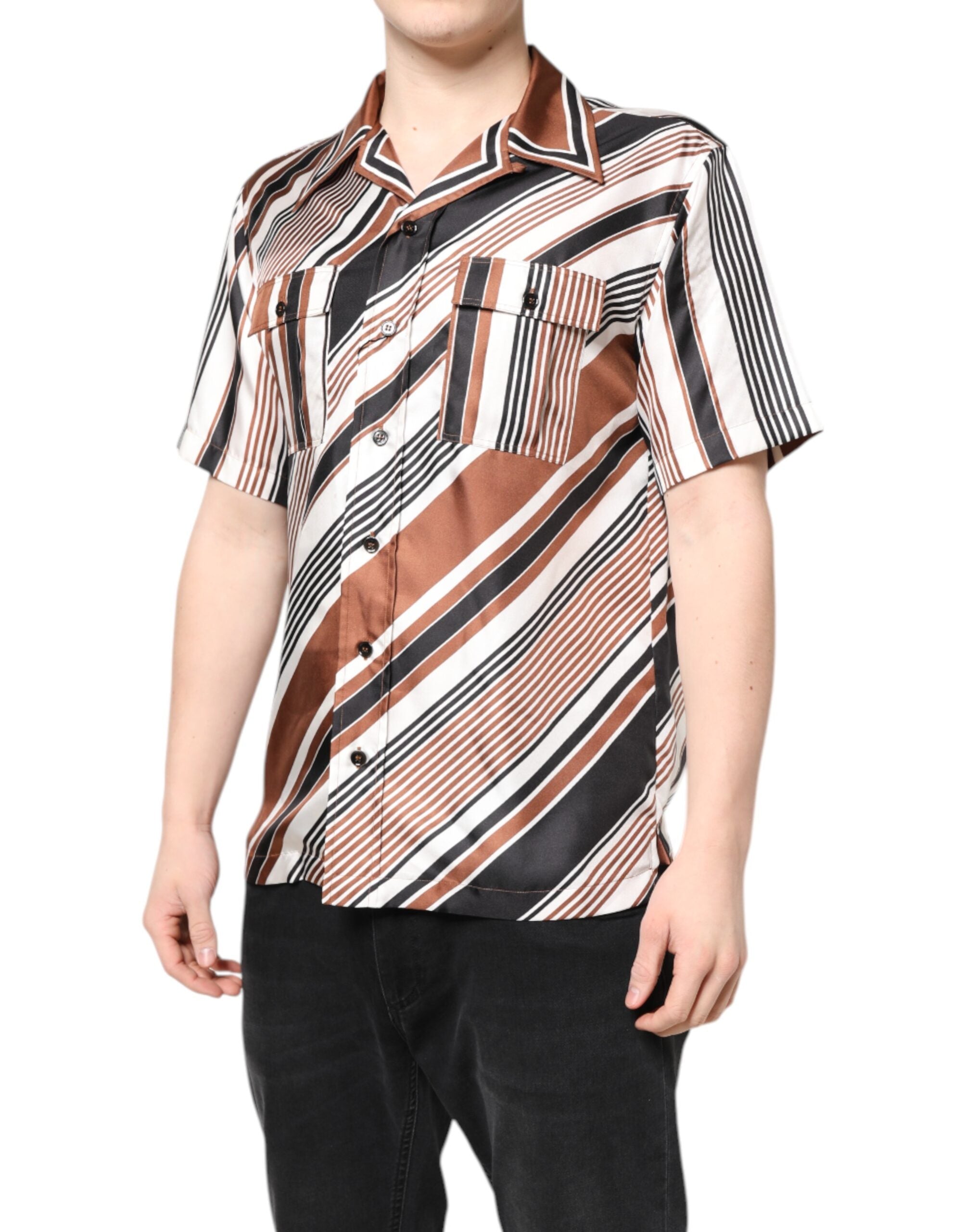 Dolce & Gabbana Multicolor Striped Silk Short Sleeves Men's Shirt (Pre-Owned)