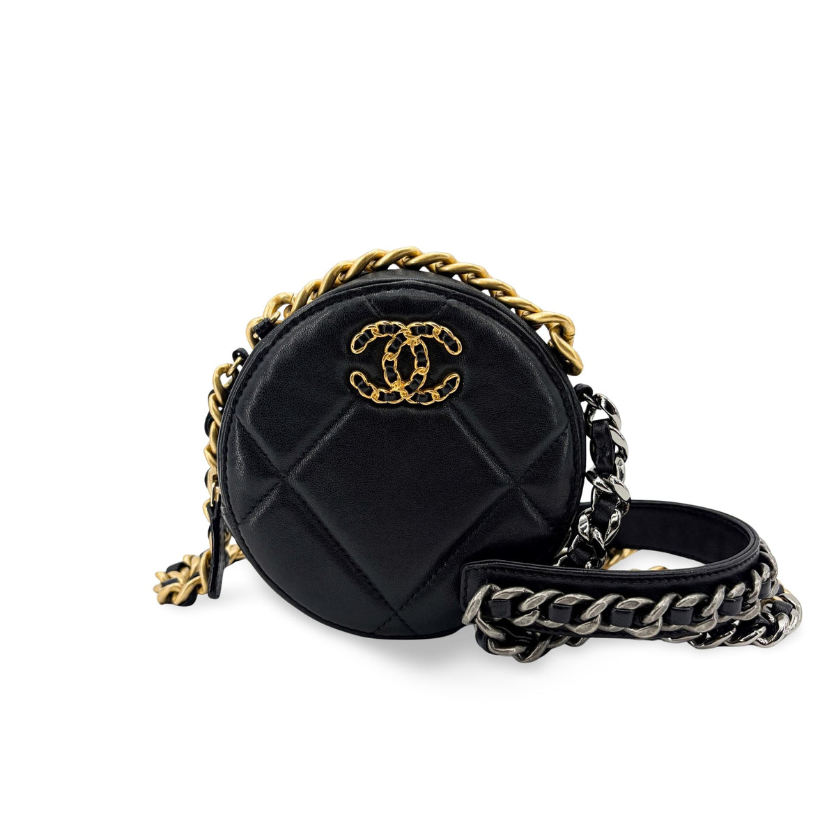 Chanel 19 Round Clutch With Chain Quilted Leather Black Leather Clutche & Pouche Bag (Pre-Owned)