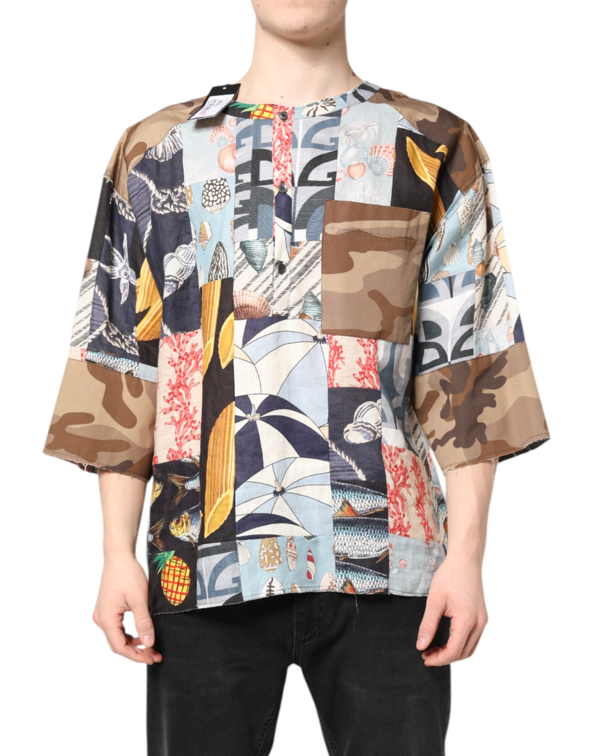 Dolce & Gabbana Multicolor Patchwork Short Sleeves Men's Shirt