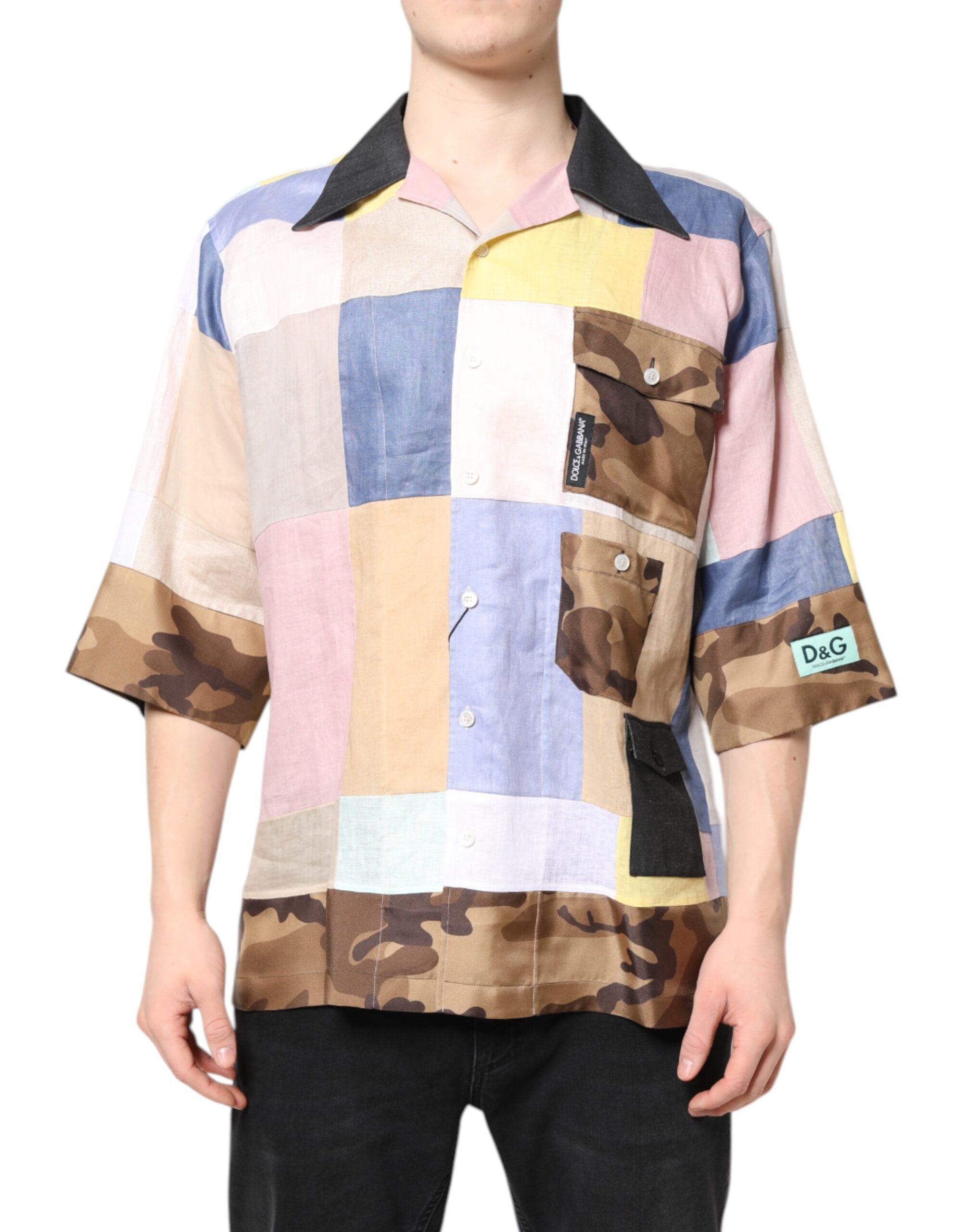 Dolce & Gabbana Multicolor Patchwork Short Sleeve Men's Shirt