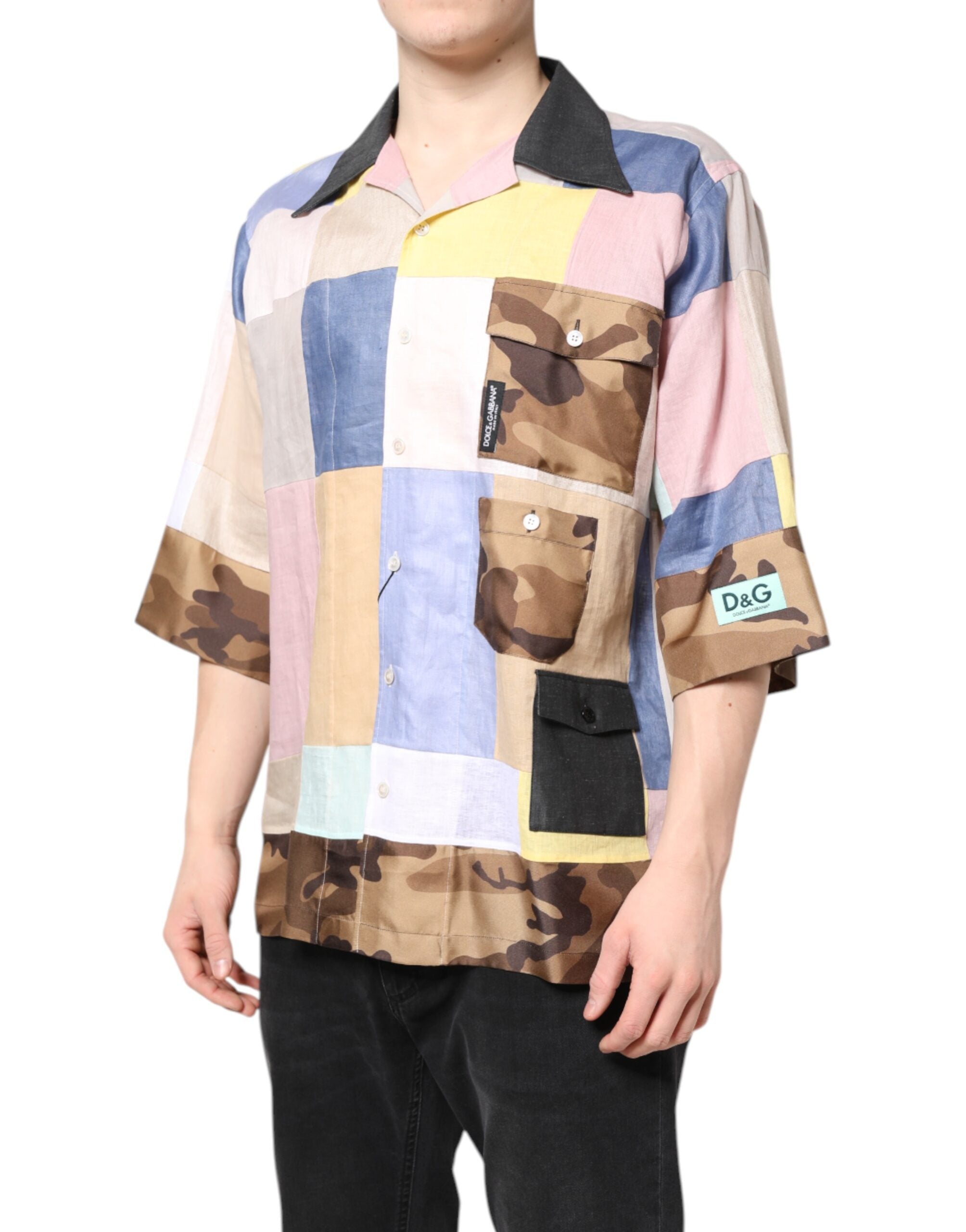 Dolce & Gabbana Multicolor Patchwork Short Sleeve Men's Shirt