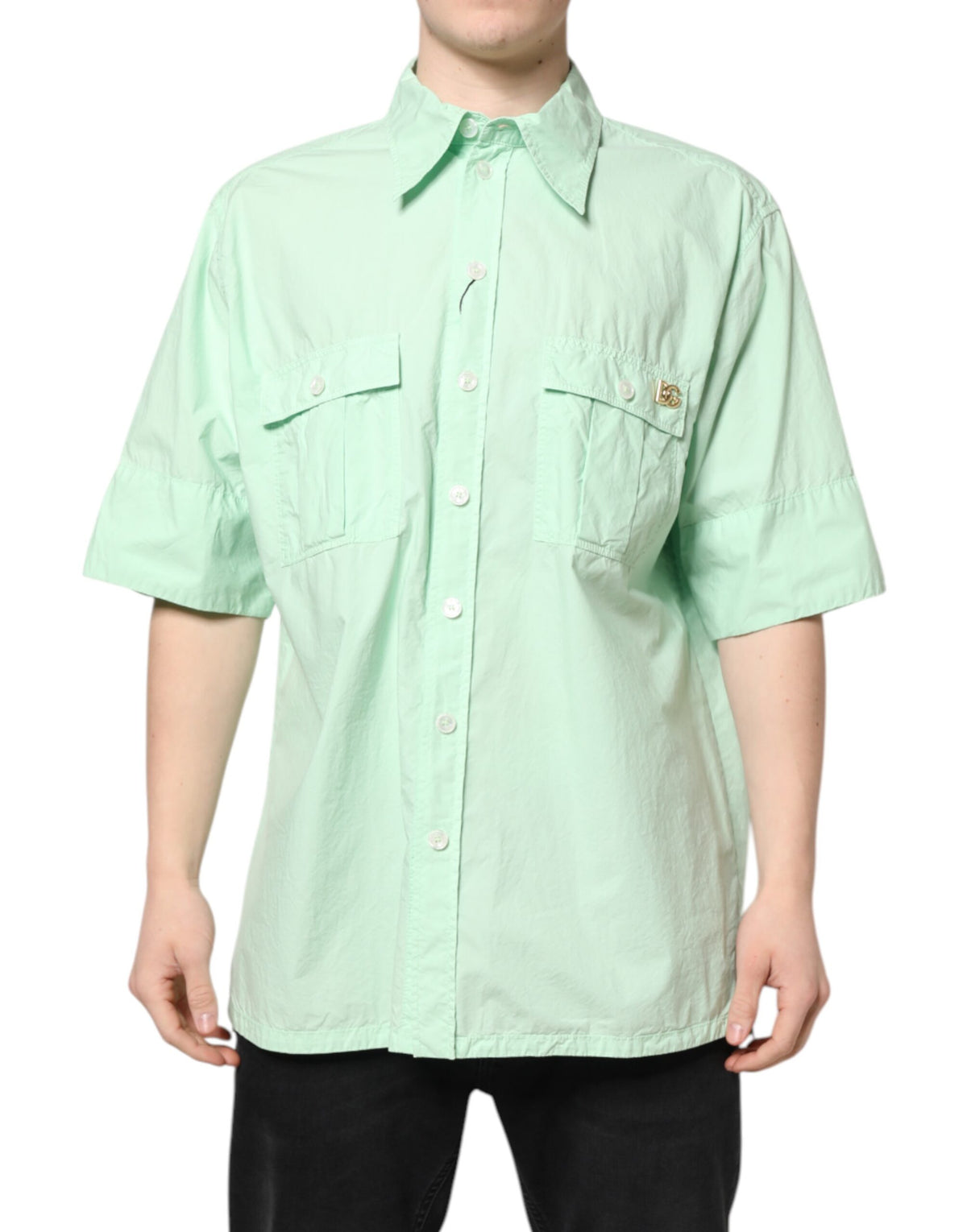 Dolce & Gabbana Green Cotton Short Sleeves Men Casual Men's Shirt (Pre-Owned)