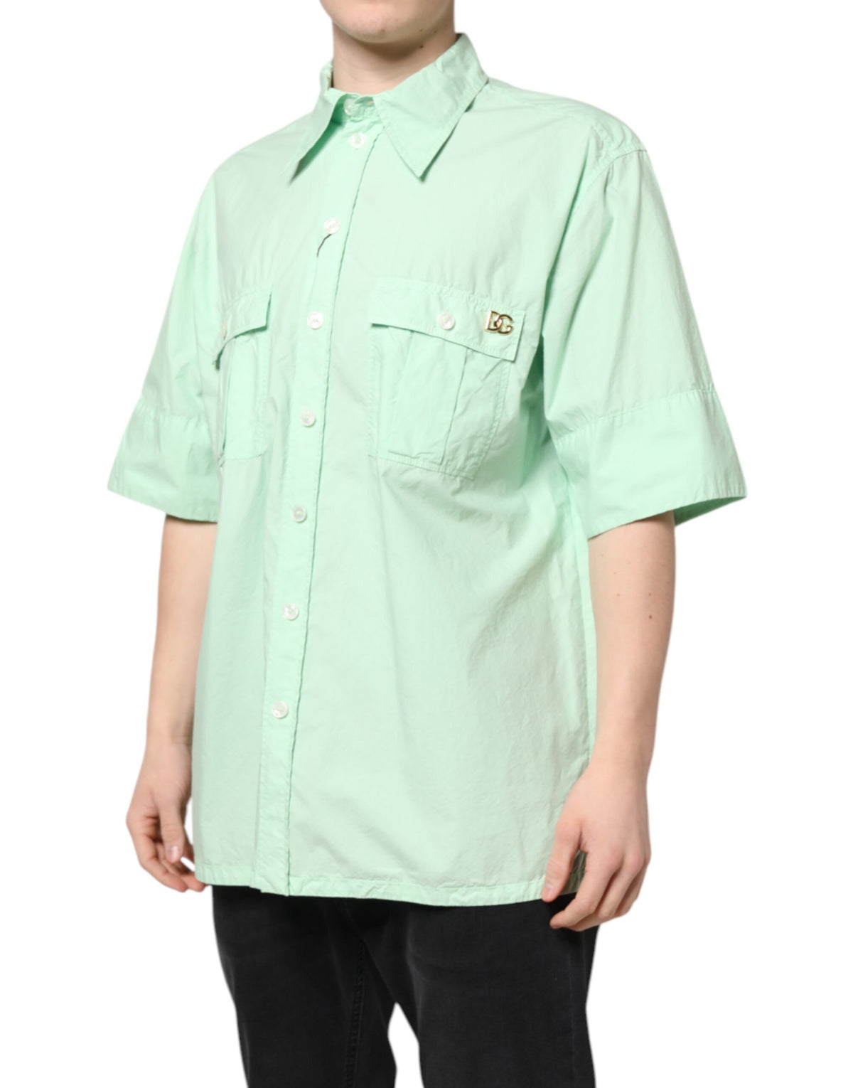Dolce & Gabbana Green Cotton Short Sleeves Men Casual Men's Shirt (Pre-Owned)