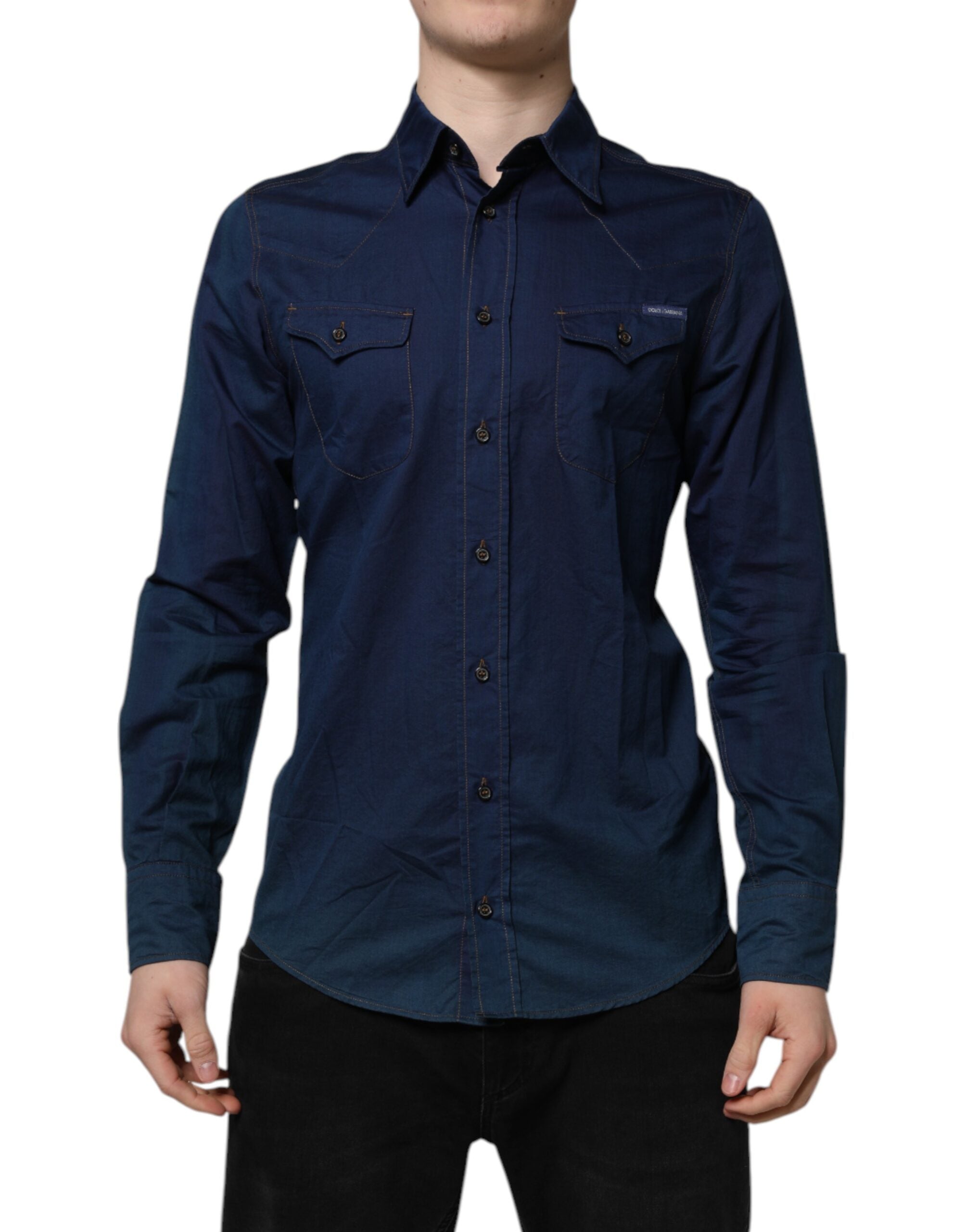 Dolce & Gabbana Blue Cotton GOLD Long Sleeves Casual Men's Shirt (Pre-Owned)