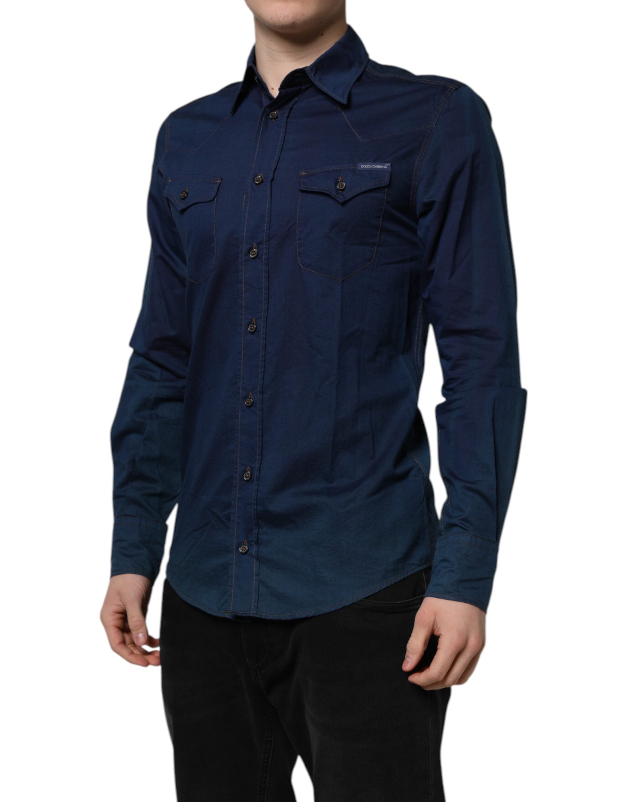 Dolce & Gabbana Blue Cotton GOLD Long Sleeves Casual Men's Shirt (Pre-Owned)