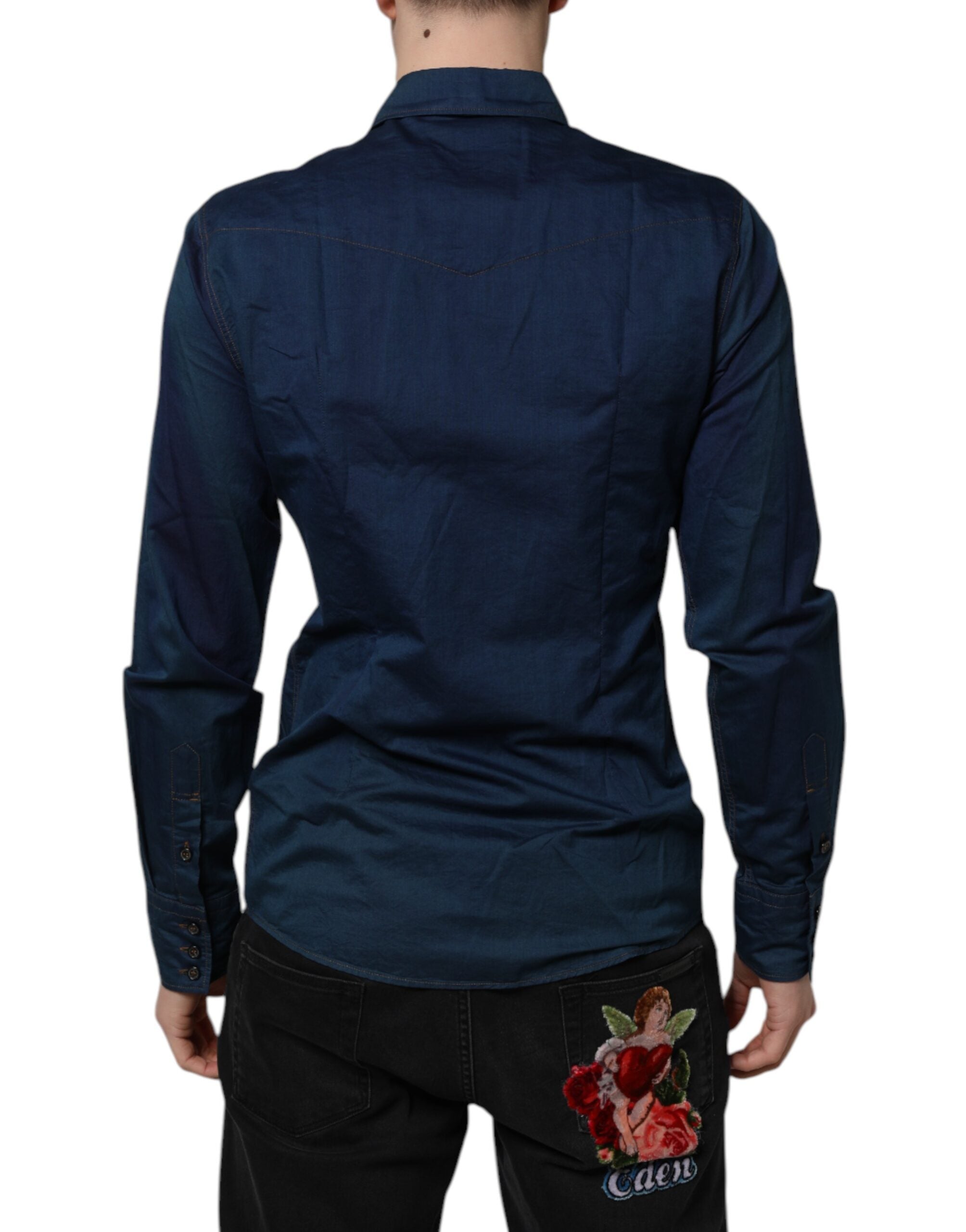 Dolce & Gabbana Blue Cotton GOLD Long Sleeves Casual Men's Shirt (Pre-Owned)