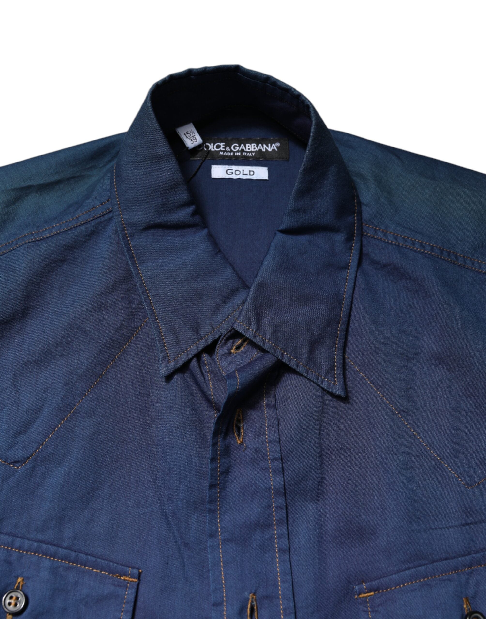 Dolce & Gabbana Blue Cotton GOLD Long Sleeves Casual Men's Shirt (Pre-Owned)