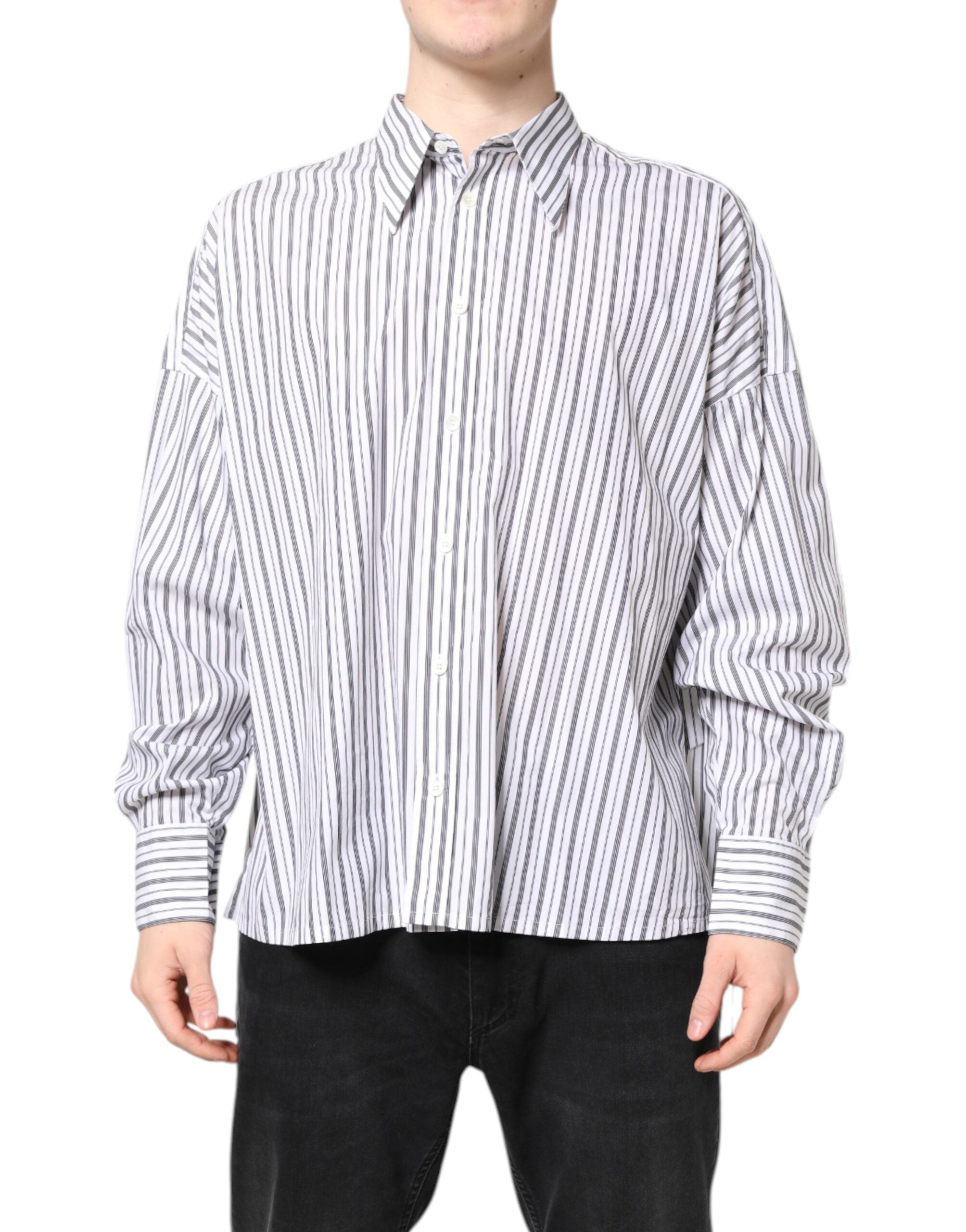 Dolce & Gabbana White Black Stripe Button Down Casual Men's Shirt