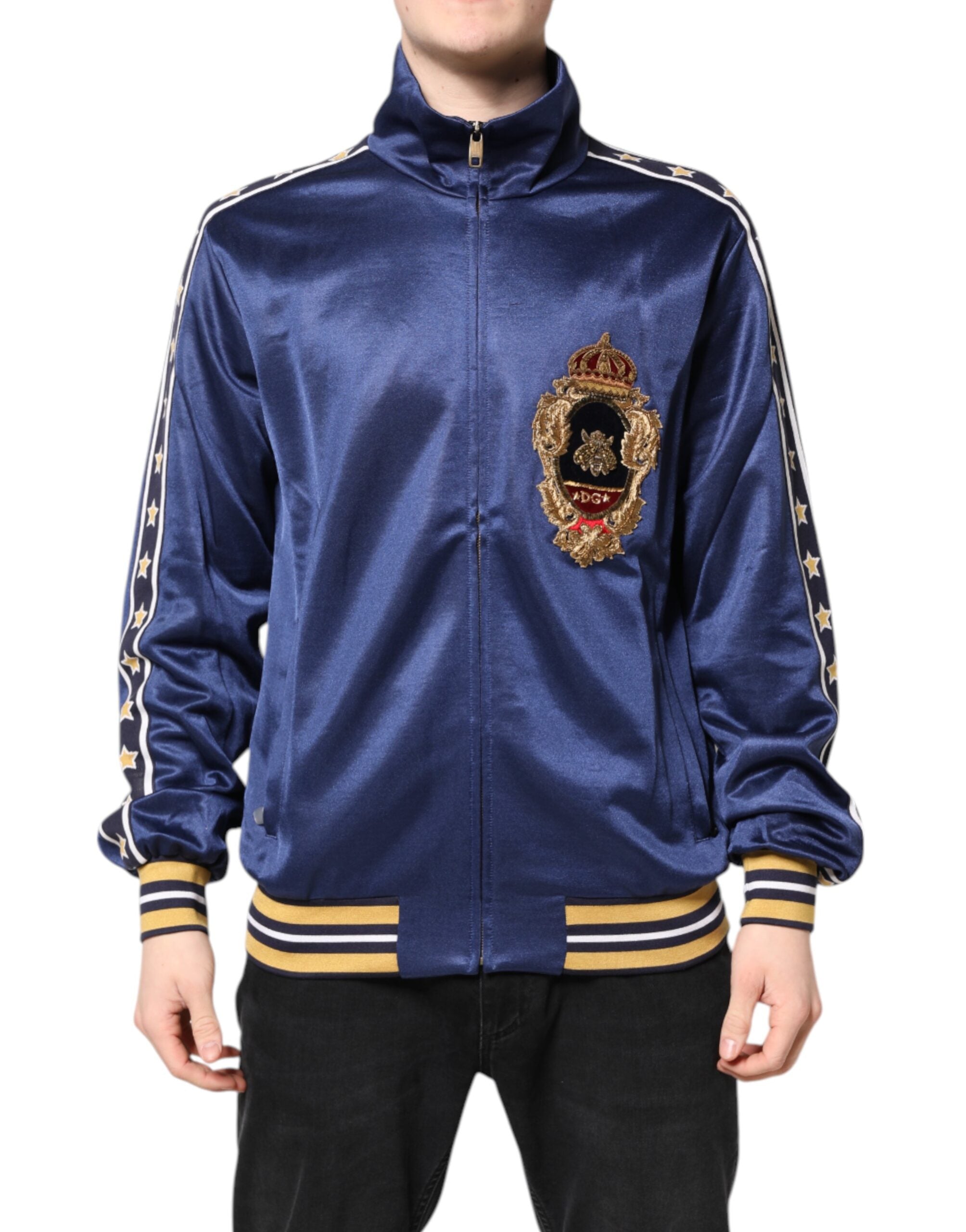 Dolce & Gabbana Blue Nylon Logo Patch Men Bomber Men's Sweater (Pre-Owned)
