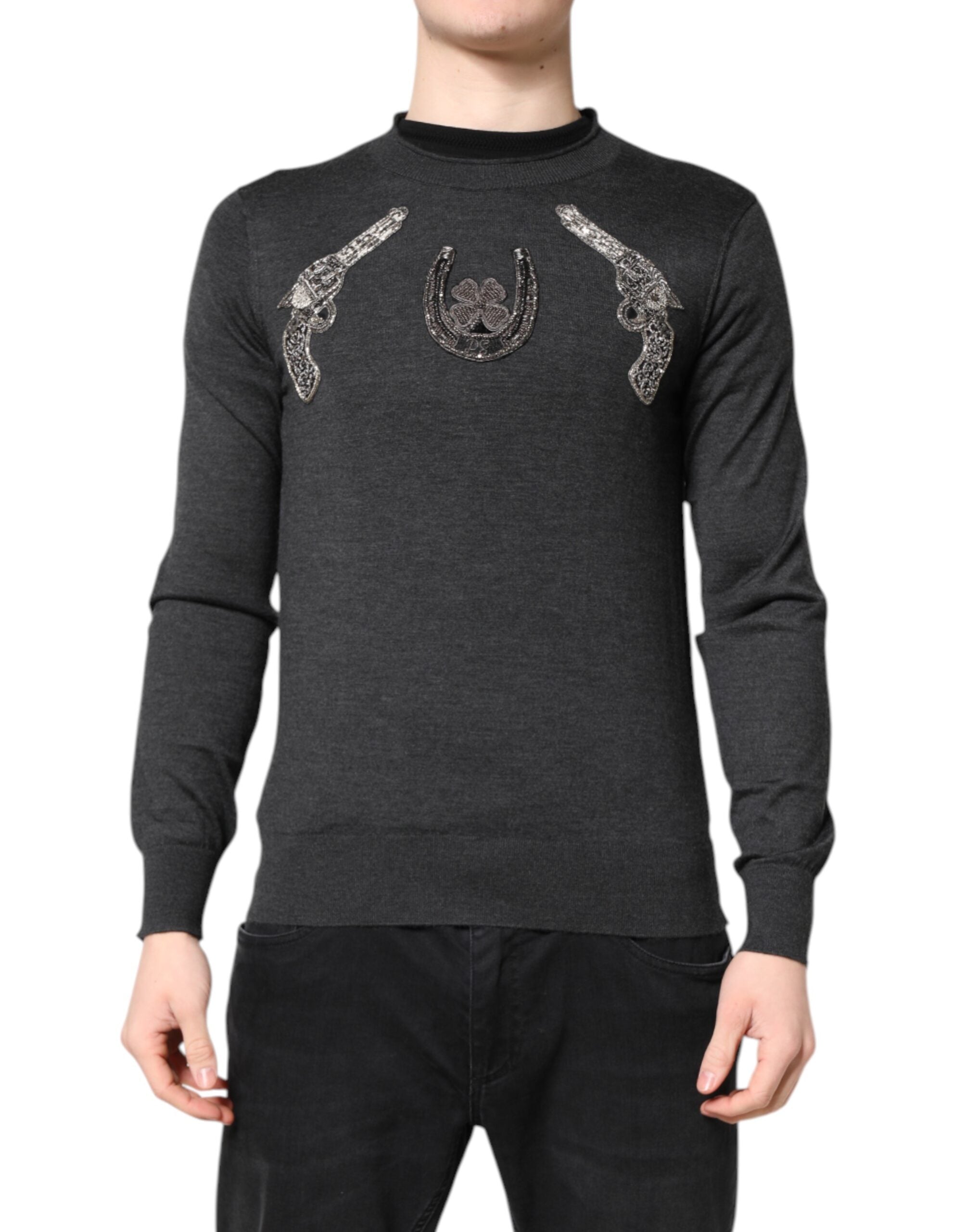 Dolce & Gabbana Gray Embroidery Knit Men Pullover Men's Sweater