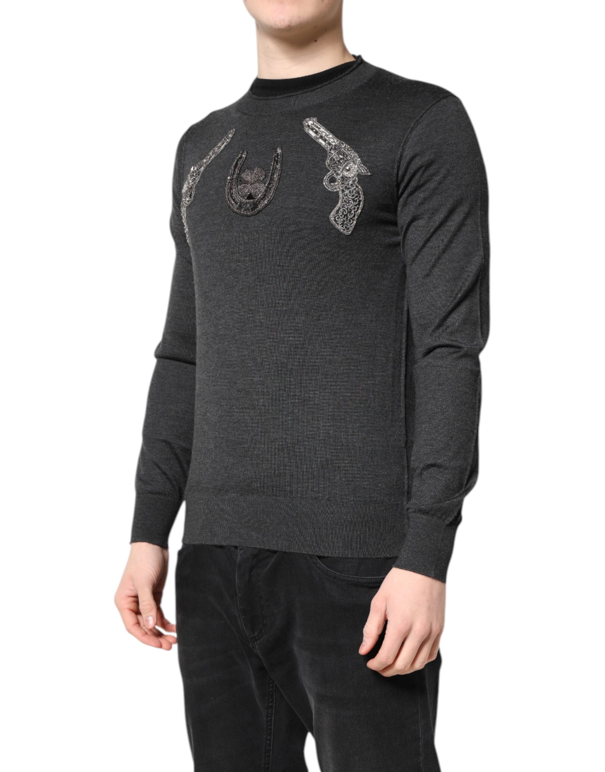 Dolce & Gabbana Gray Embroidery Knit Men Pullover Men's Sweater