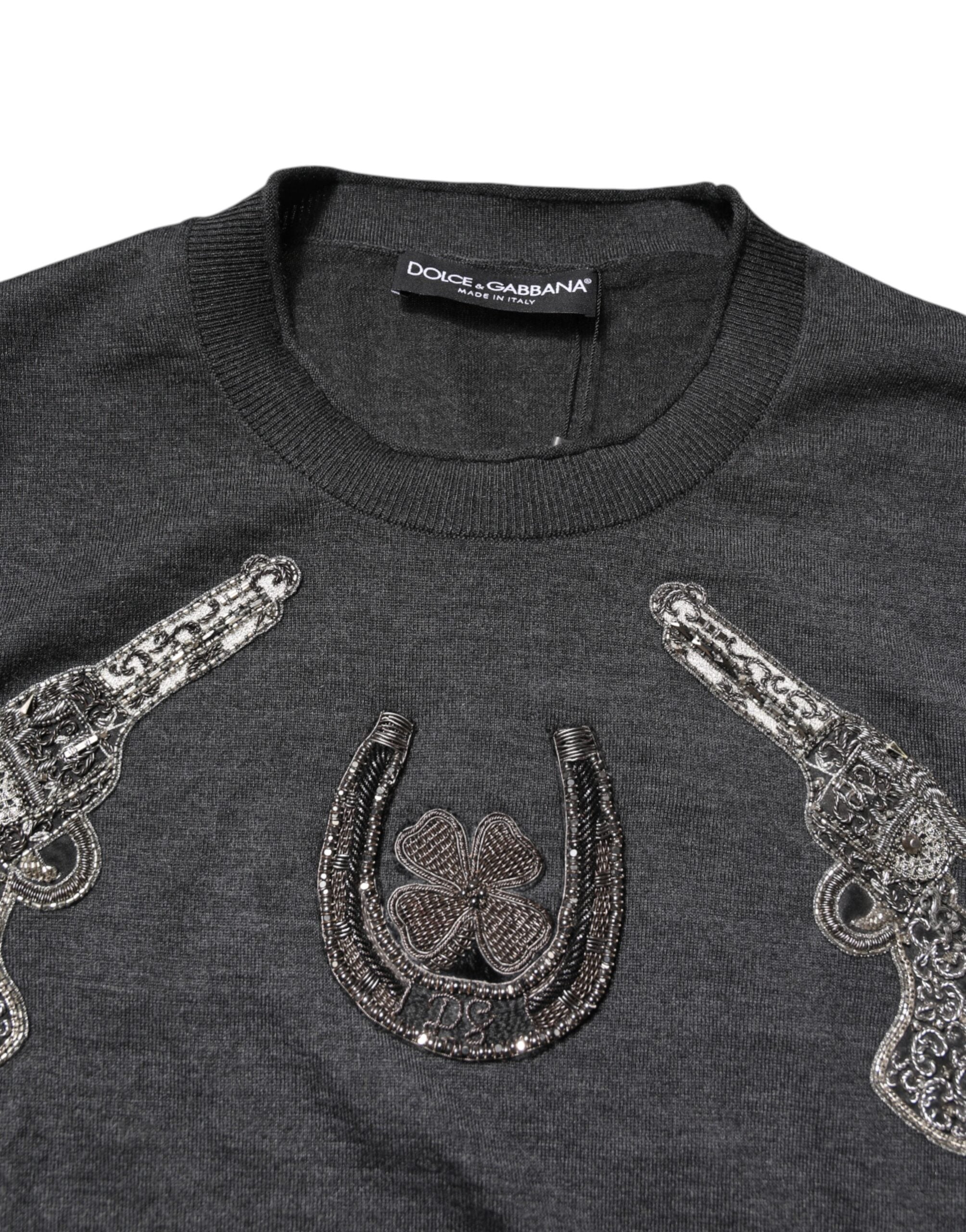 Dolce & Gabbana Gray Embroidery Knit Men Pullover Men's Sweater