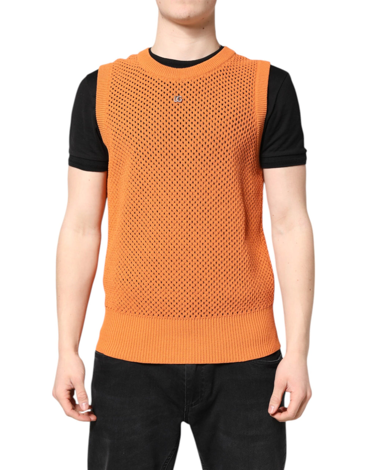 Dolce & Gabbana Orange Cashmere Round Neck Sleeveless Men's T-shirt