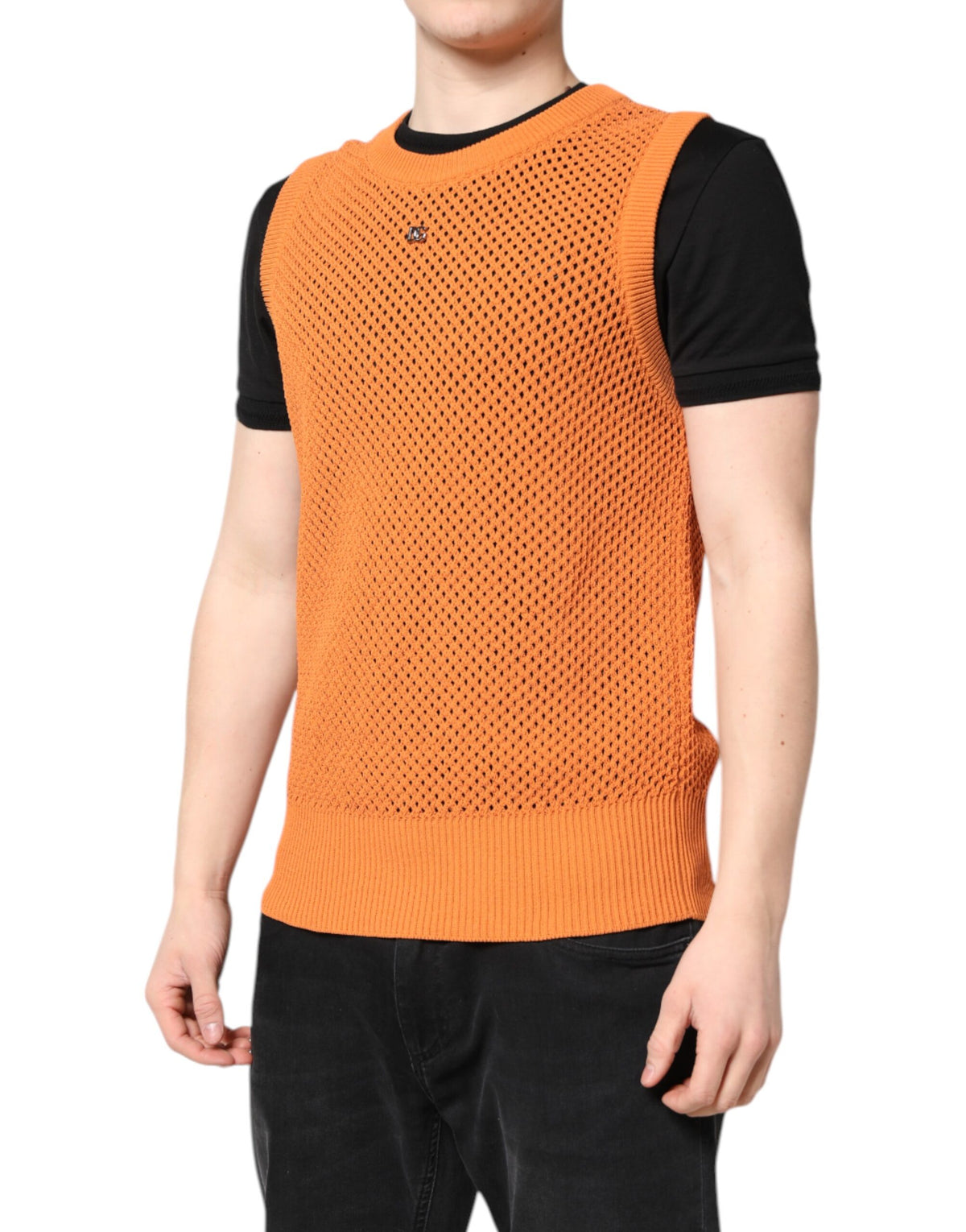 Dolce & Gabbana Orange Cashmere Round Neck Sleeveless Men's T-shirt