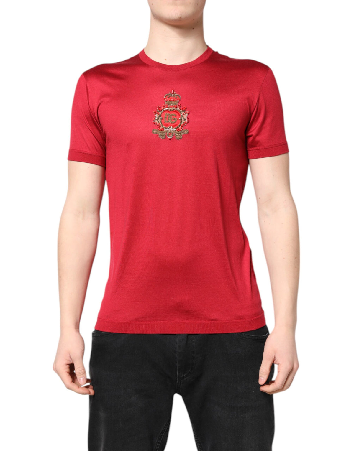 Dolce & Gabbana Red Silk DG Crown Logo Short Sleeve Men's T-shirt (Pre-Owned)