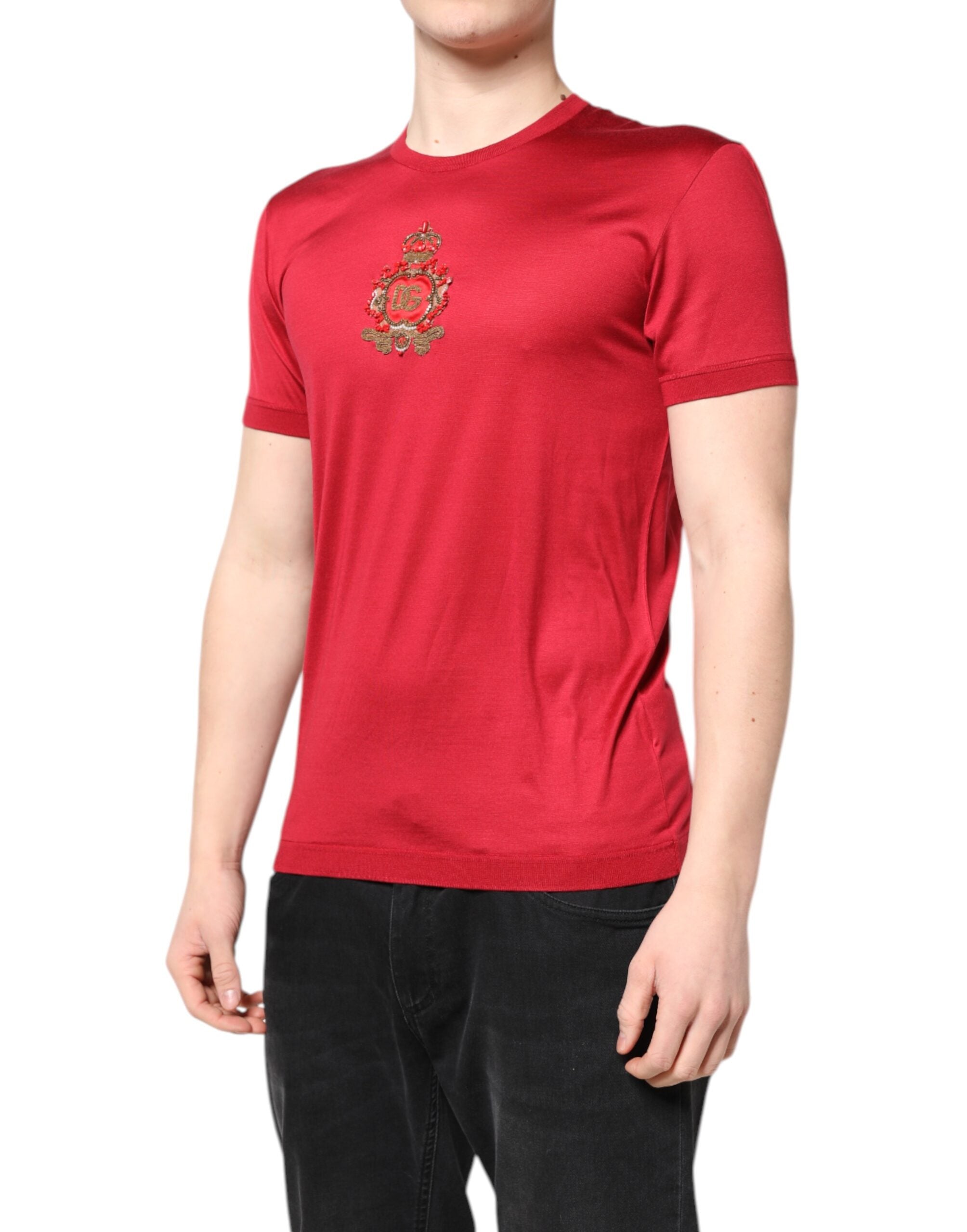 Dolce & Gabbana Red Silk DG Crown Logo Short Sleeve Men's T-shirt (Pre-Owned)