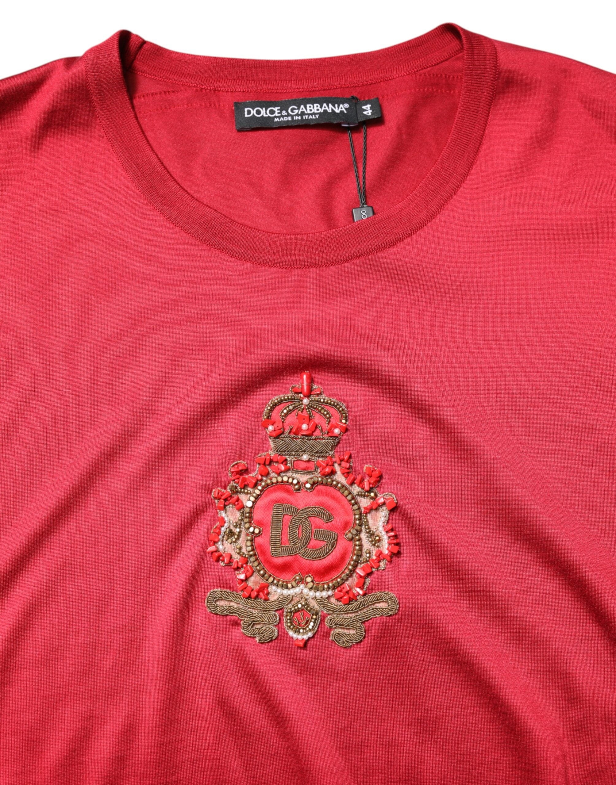 Dolce & Gabbana Red Silk DG Crown Logo Short Sleeve Men's T-shirt (Pre-Owned)