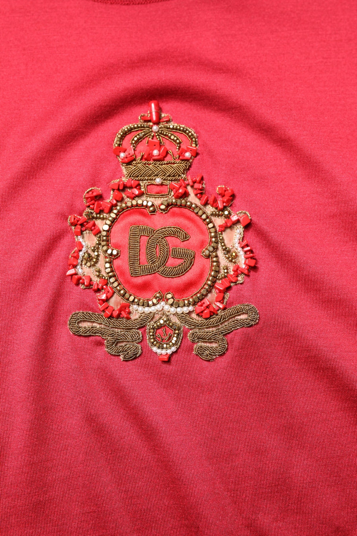 Dolce & Gabbana Red Silk DG Crown Logo Short Sleeve Men's T-shirt (Pre-Owned)