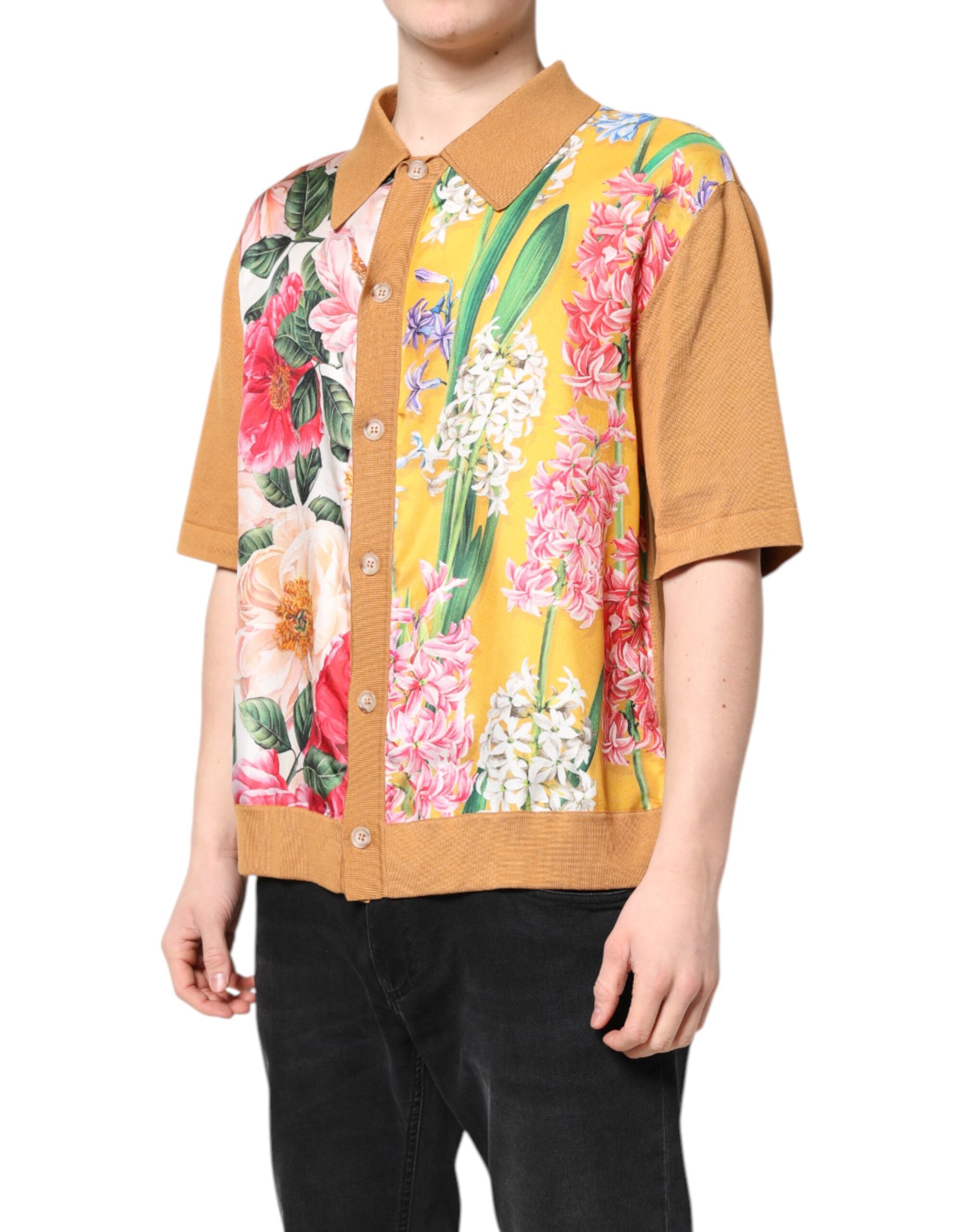 Dolce & Gabbana Brown Floral Collared Short Sleeve Men's T-shirt