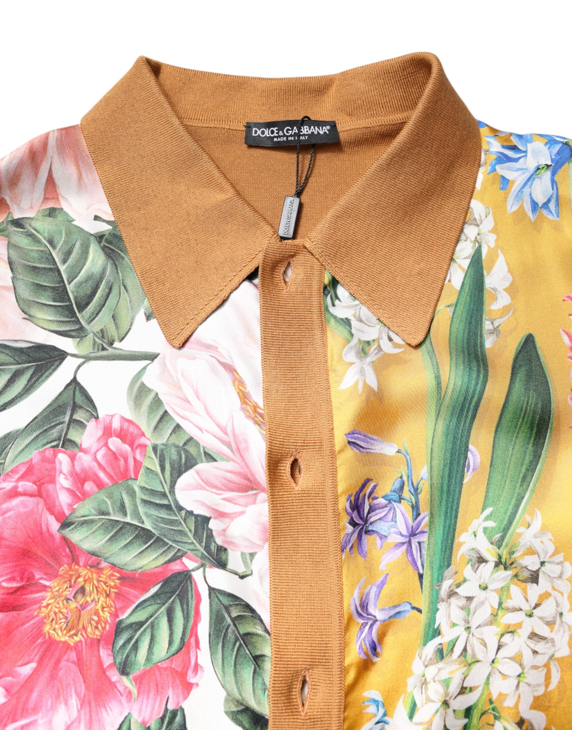 Dolce & Gabbana Brown Floral Collared Short Sleeve Men's T-shirt