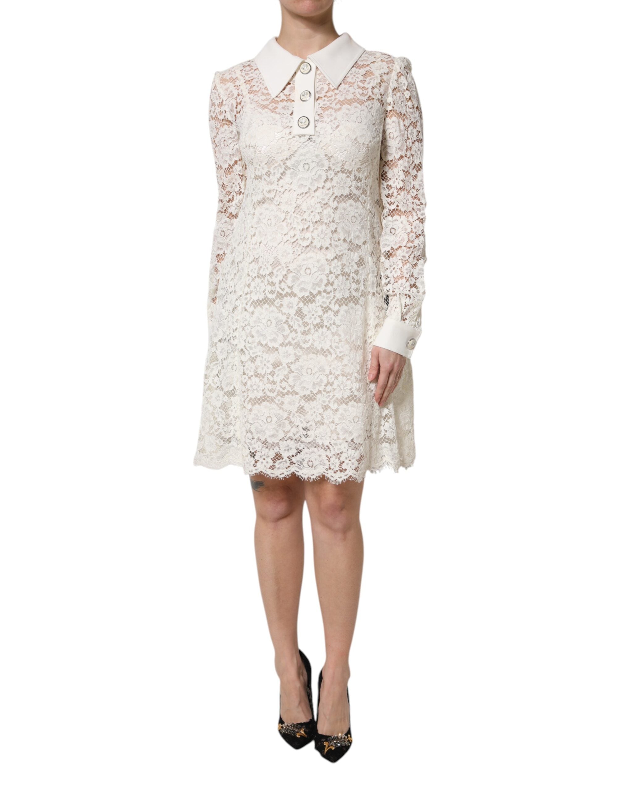 Dolce & Gabbana White Floral Lace Long Sleeves Shift Women's Dress (Pre-Owned)