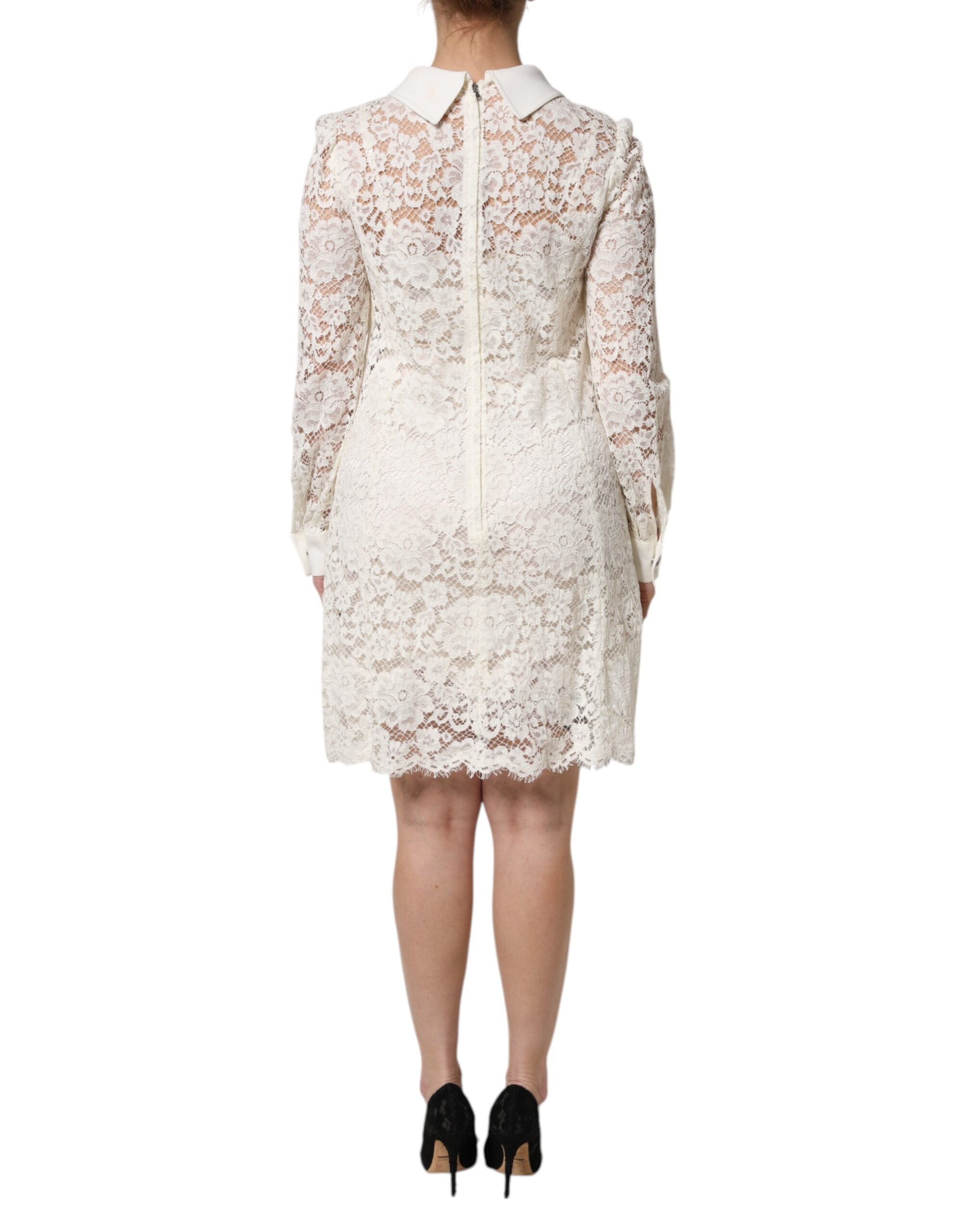 Dolce & Gabbana White Floral Lace Long Sleeves Shift Women's Dress (Pre-Owned)