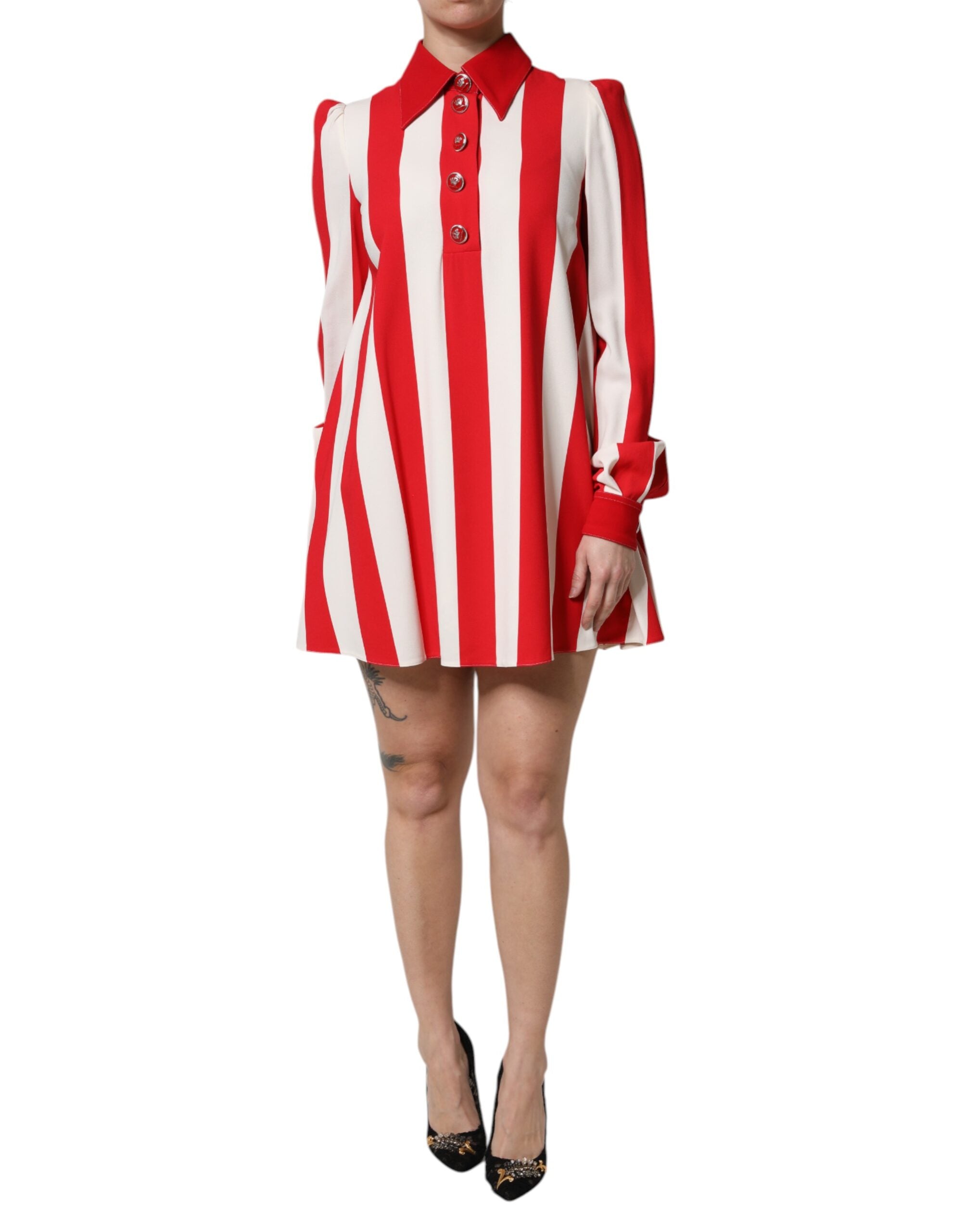 Dolce & Gabbana White Red Stripes Long Sleeves Mini Women's Dress