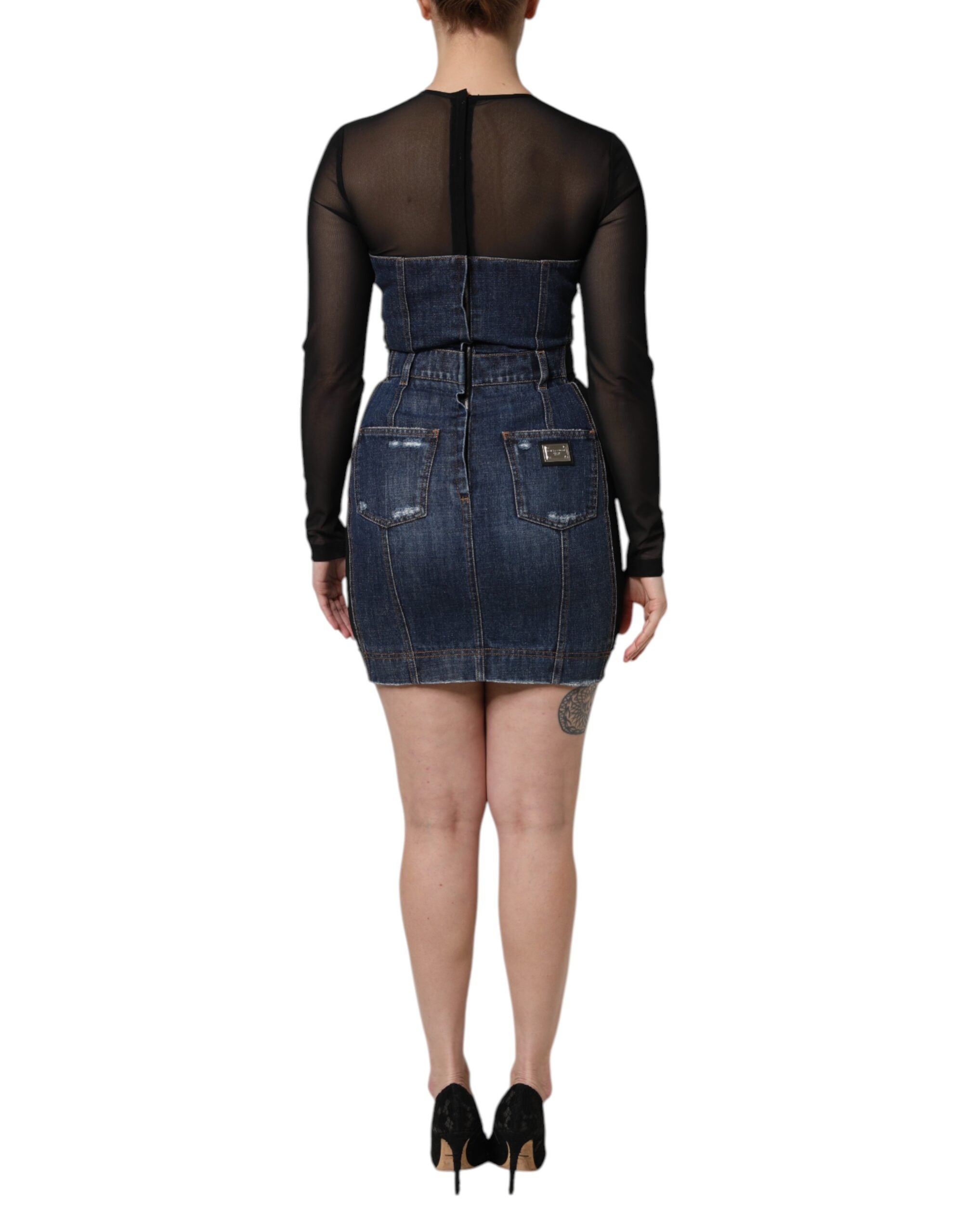 Dolce & Gabbana Black Blue Long Sleeves Denim Mini Women's Dress