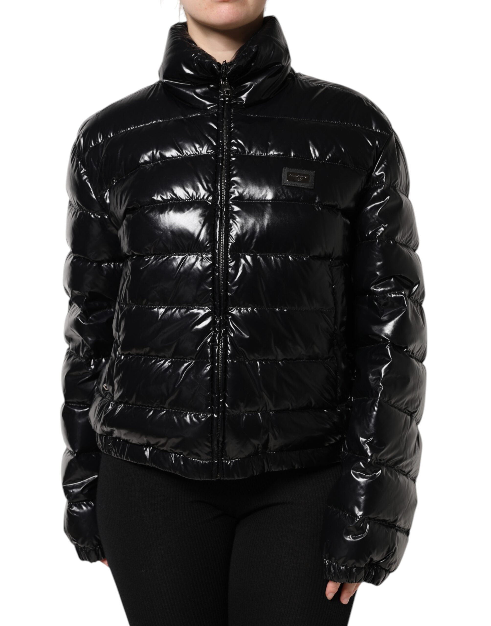 Dolce & Gabbana Black Logo Plaque Full Zip Puffer Women's Jacket