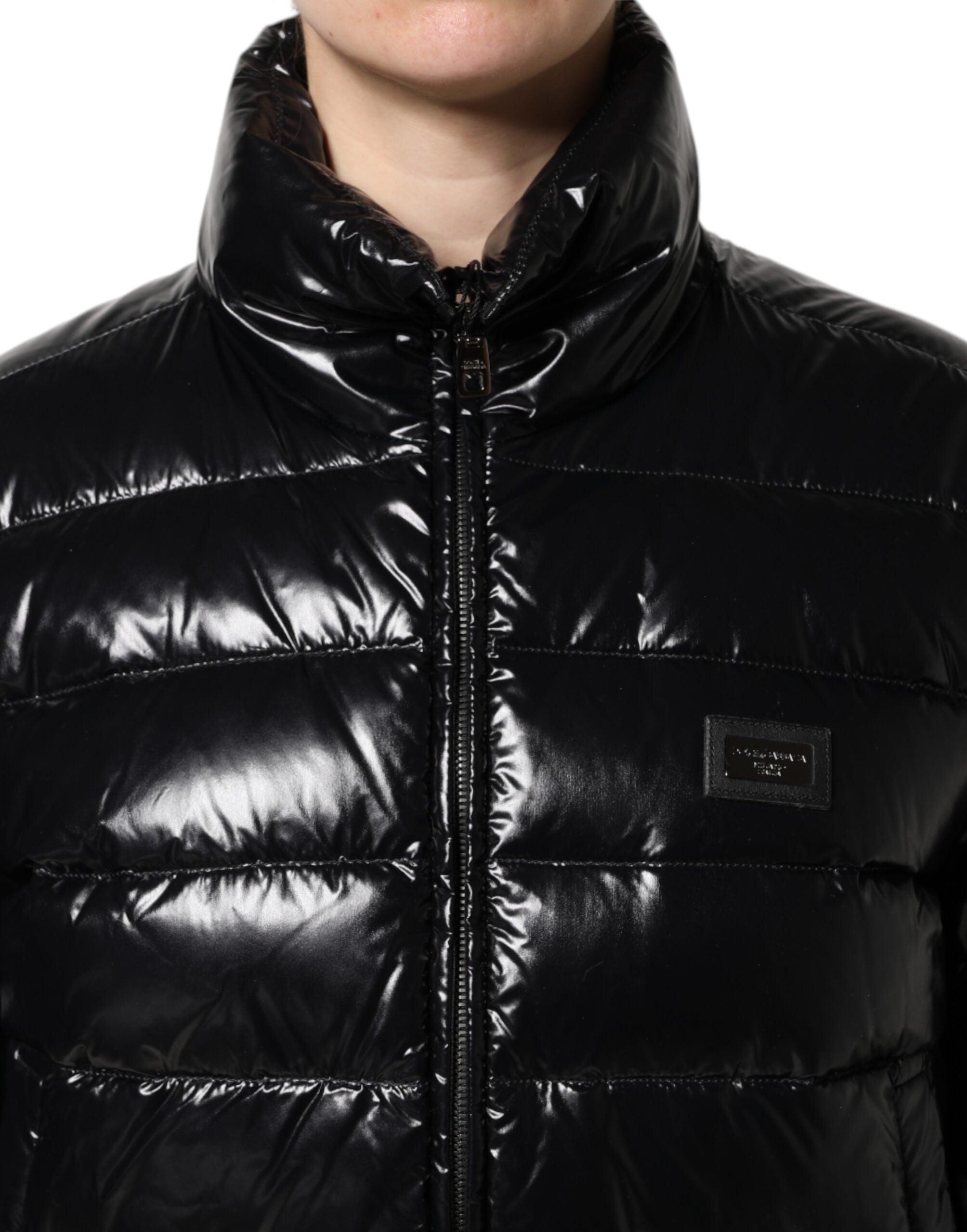 Dolce & Gabbana Black Logo Plaque Full Zip Puffer Women's Jacket