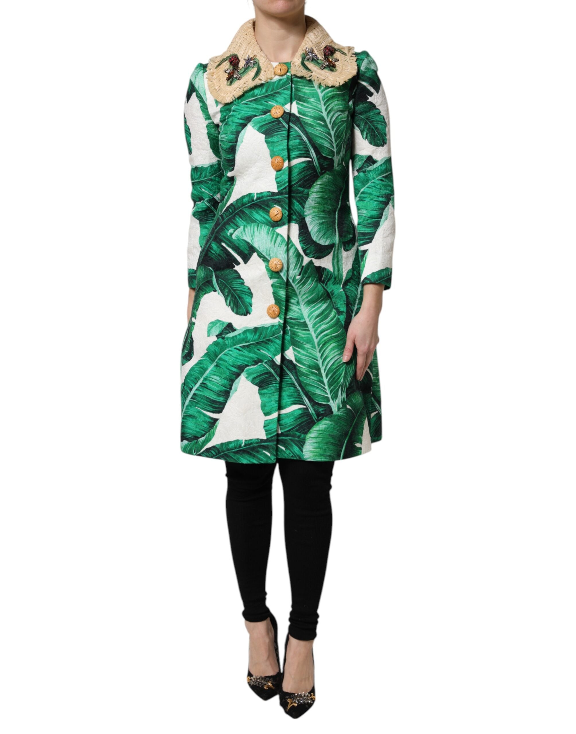 Dolce & Gabbana Multicolor Leaf Print Embellished Trenchcoat Women's Jacket