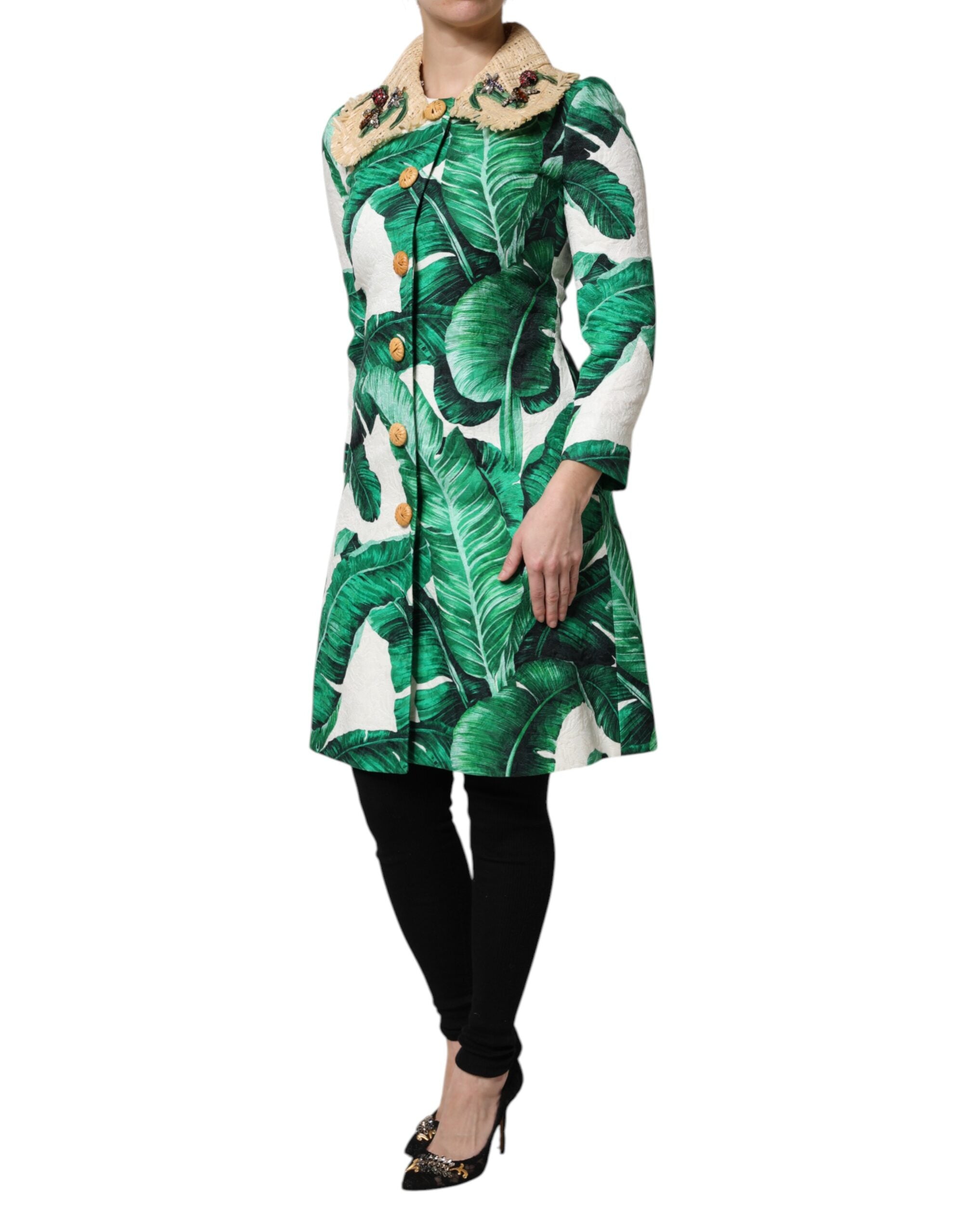 Dolce & Gabbana Multicolor Leaf Print Embellished Trenchcoat Women's Jacket