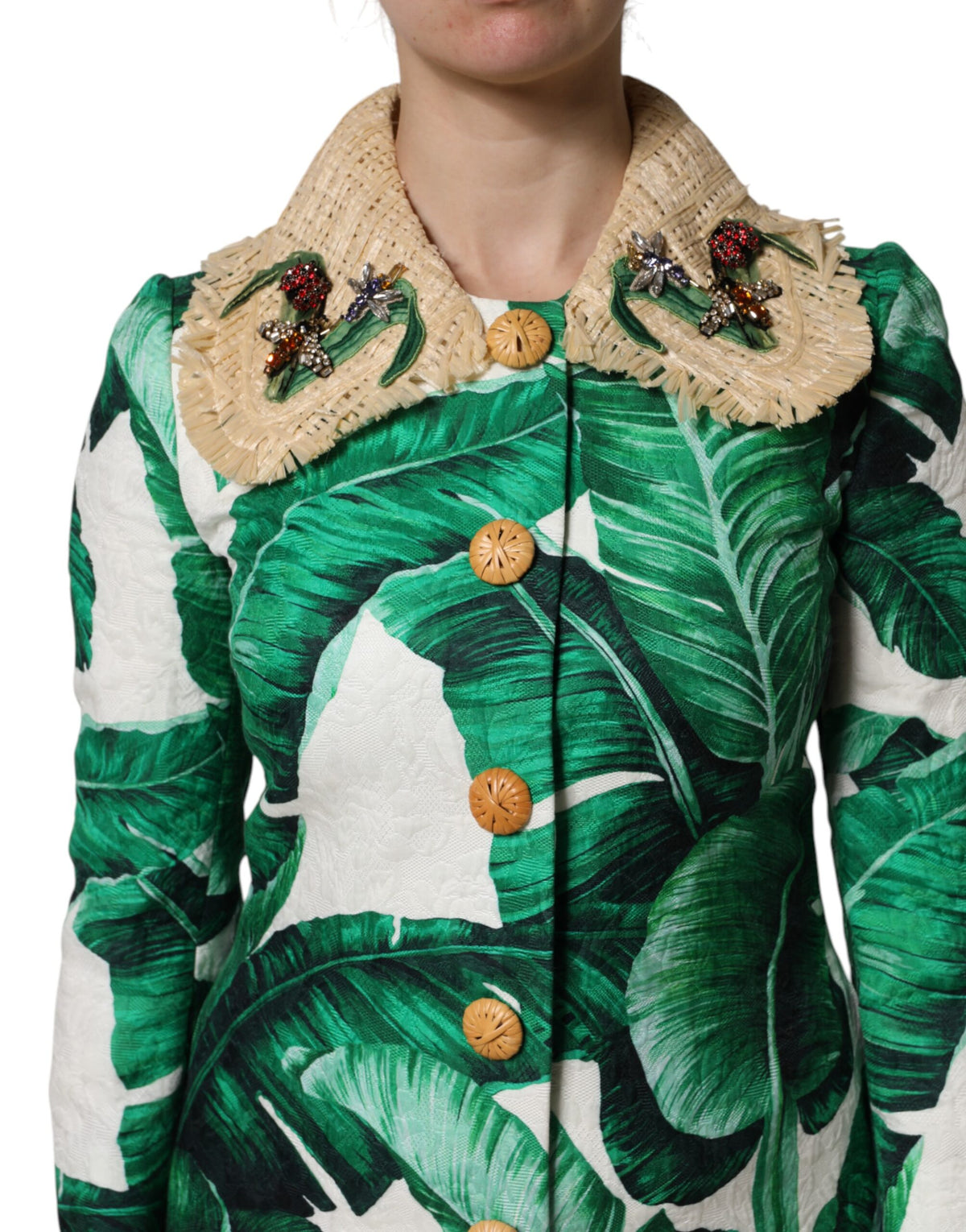 Dolce & Gabbana Multicolor Leaf Print Embellished Trenchcoat Women's Jacket