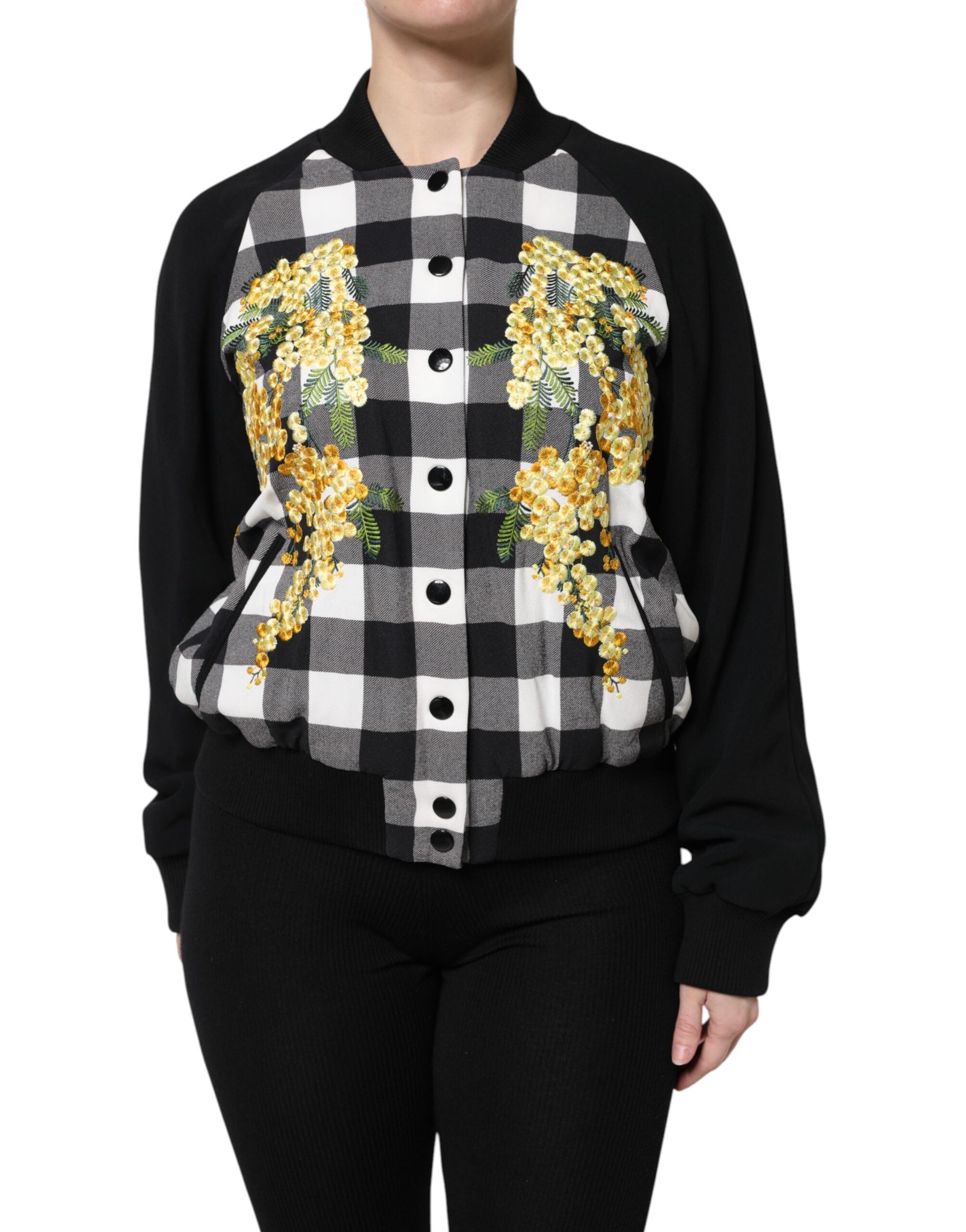 Dolce & Gabbana Black White Check Floral Button Down Women's Jacket