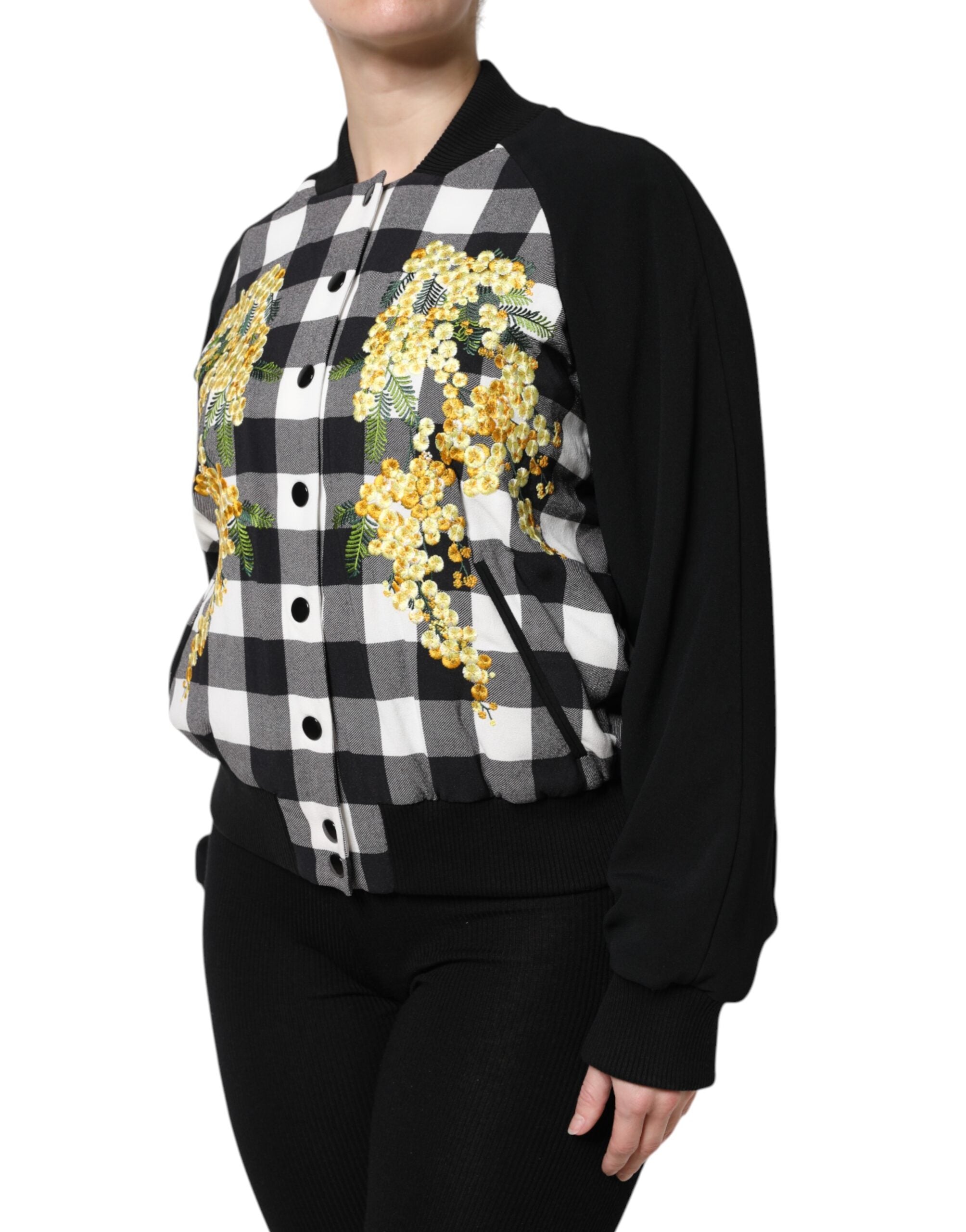 Dolce & Gabbana Black White Check Floral Button Down Women's Jacket