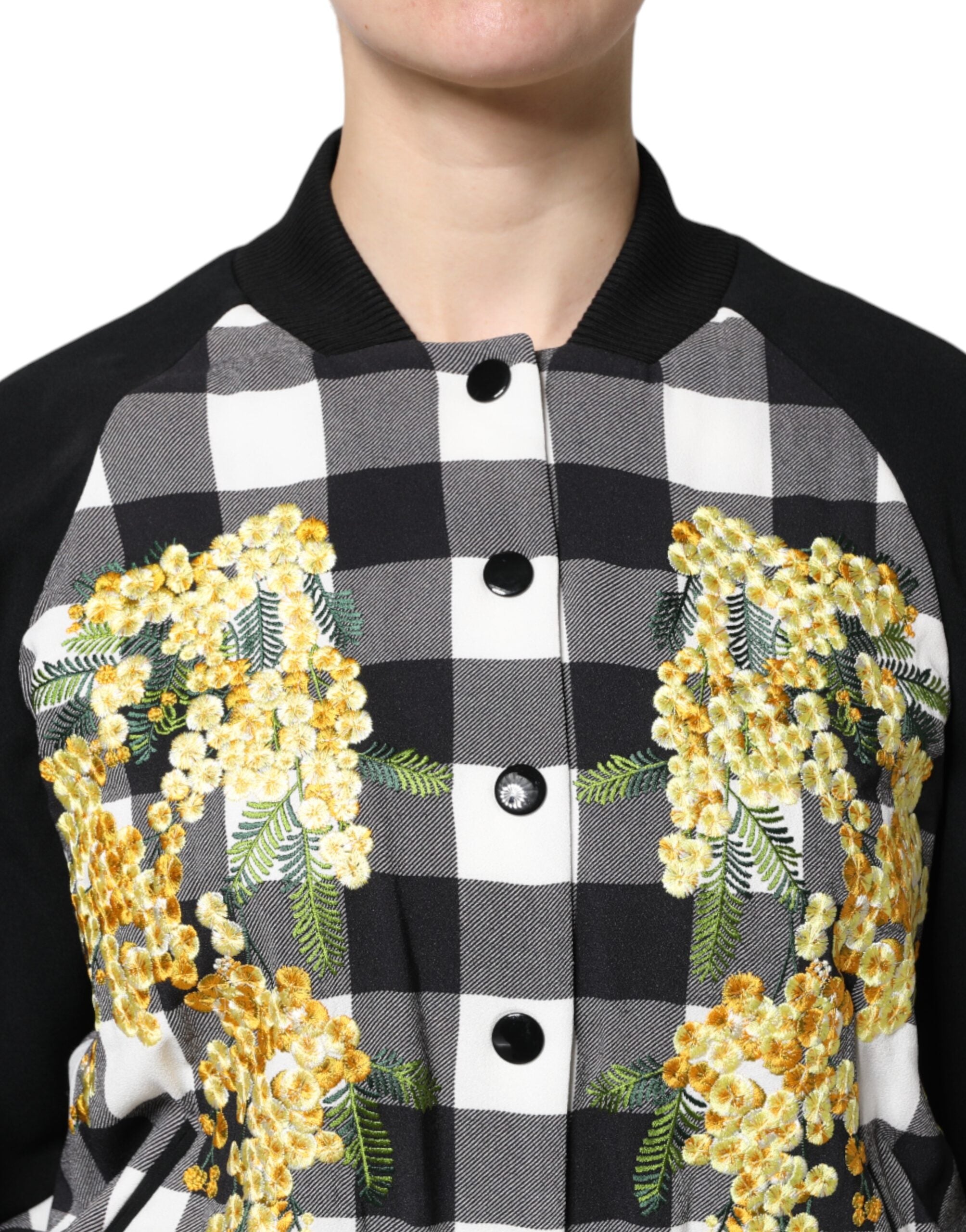Dolce & Gabbana Black White Check Floral Button Down Women's Jacket
