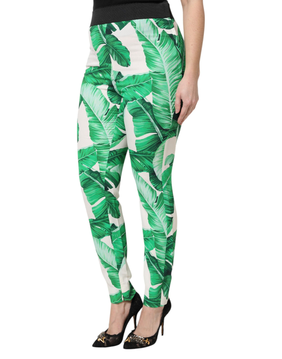 Dolce & Gabbana White Green Leaf High Waist Women's Pants